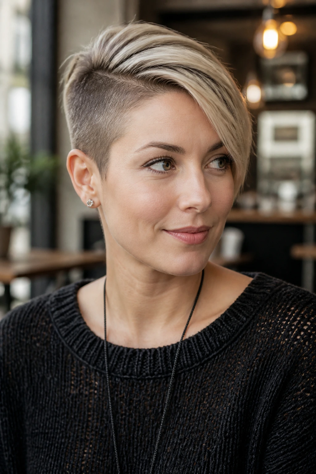 Portrait of a real woman with an asymmetrical pixie showing one shaved side and longer opposite side