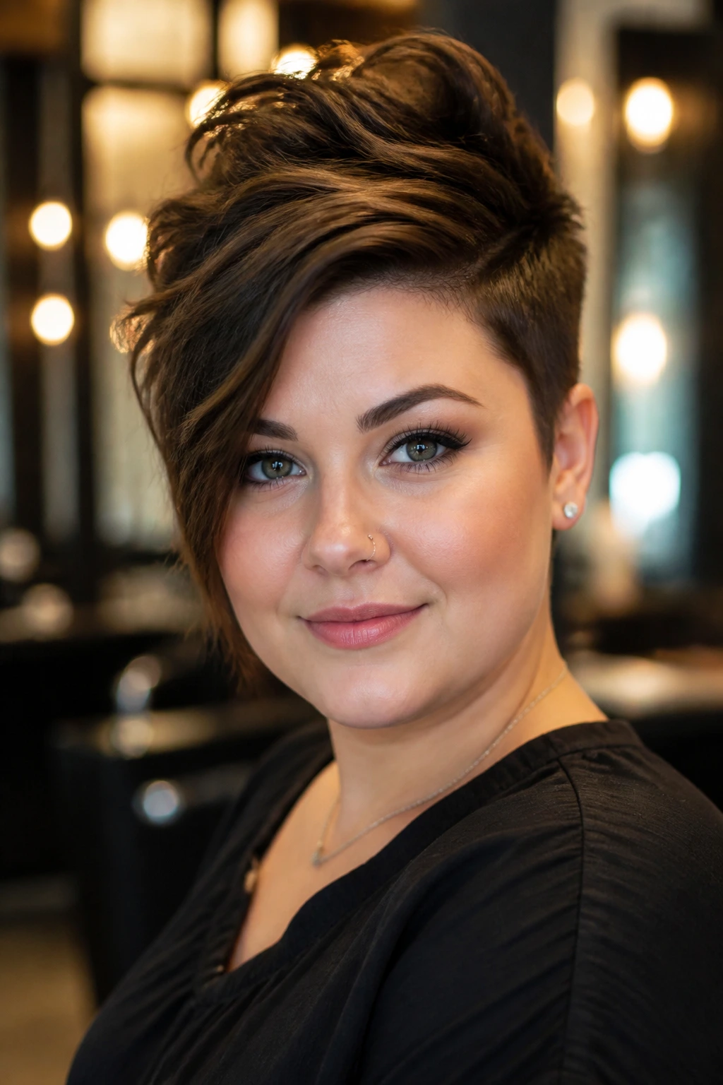 Close-up of a person with an asymmetrical pixie haircut with height
