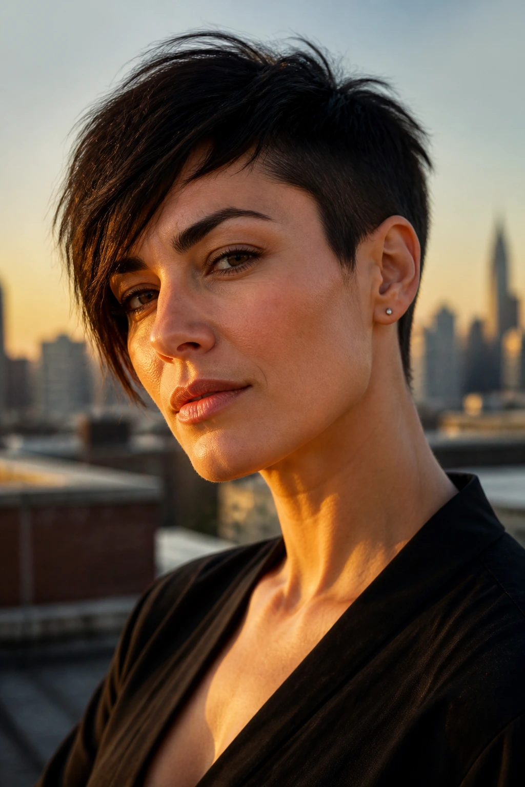 Close-up portrait of a real woman with an asymmetrical pixie hairstyle.
