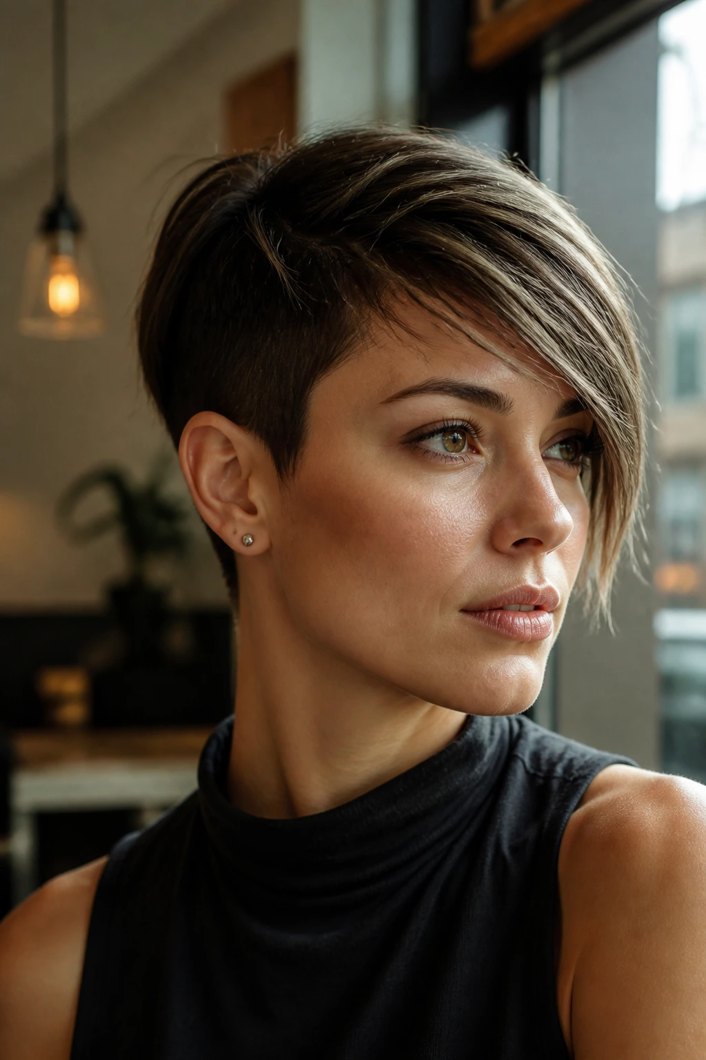 Real woman wearing an asymmetrical pixie with one side short and the other longer