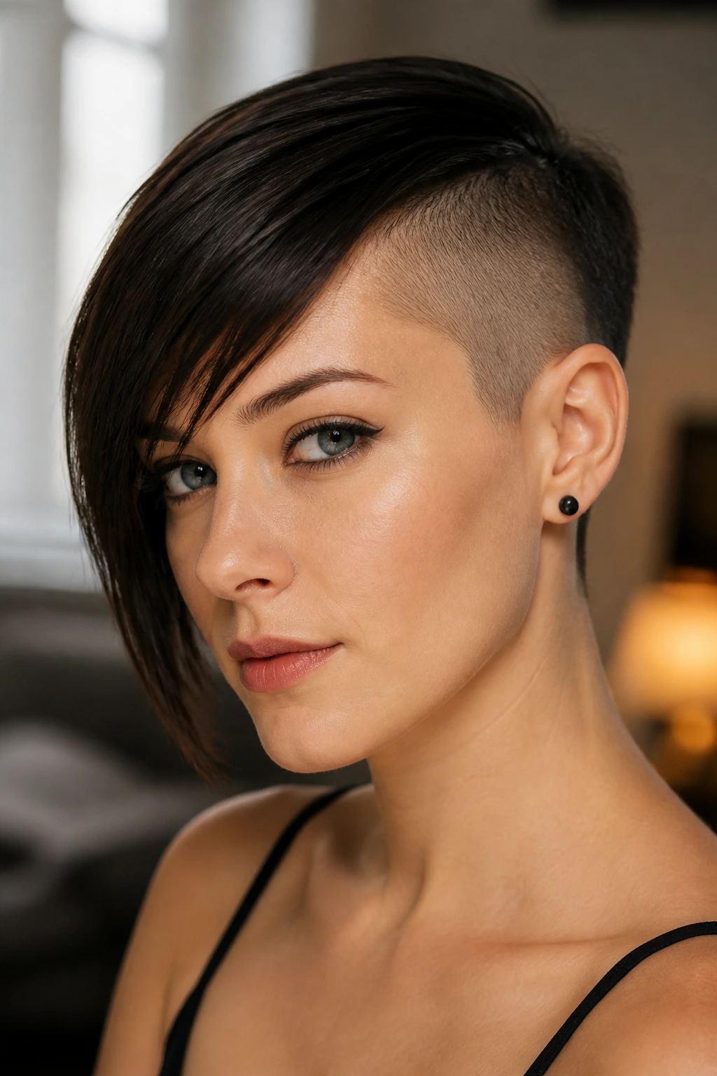 Close-up of an asymmetrical pixie with shaved temple and longer swept fringe