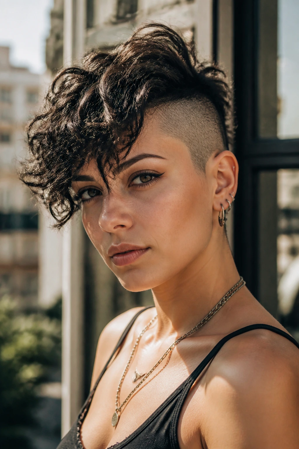 Close-up of a real person with an asymmetrical pixie and shaved temples