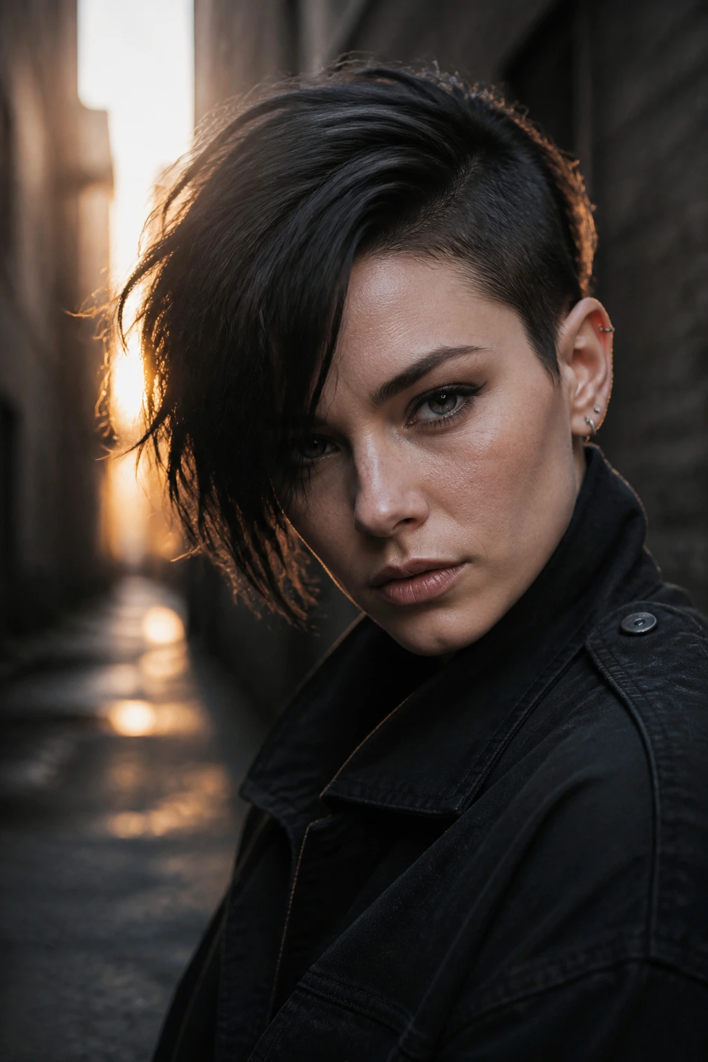 Close-up of a real person with an asymmetrical deep side-part pixie