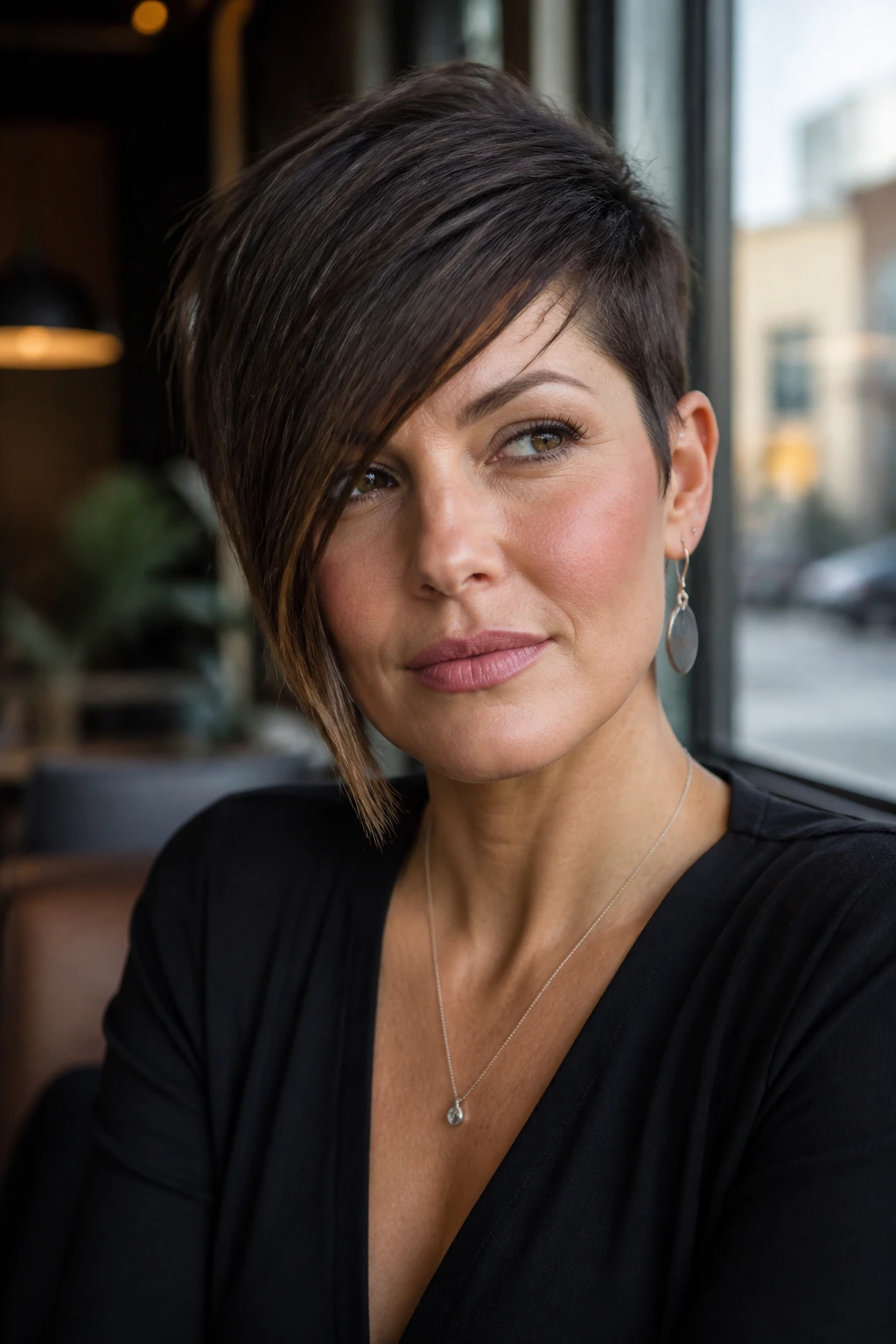 Close-up portrait of a real woman with an angled asymmetrical pixie and side-swept fringe.