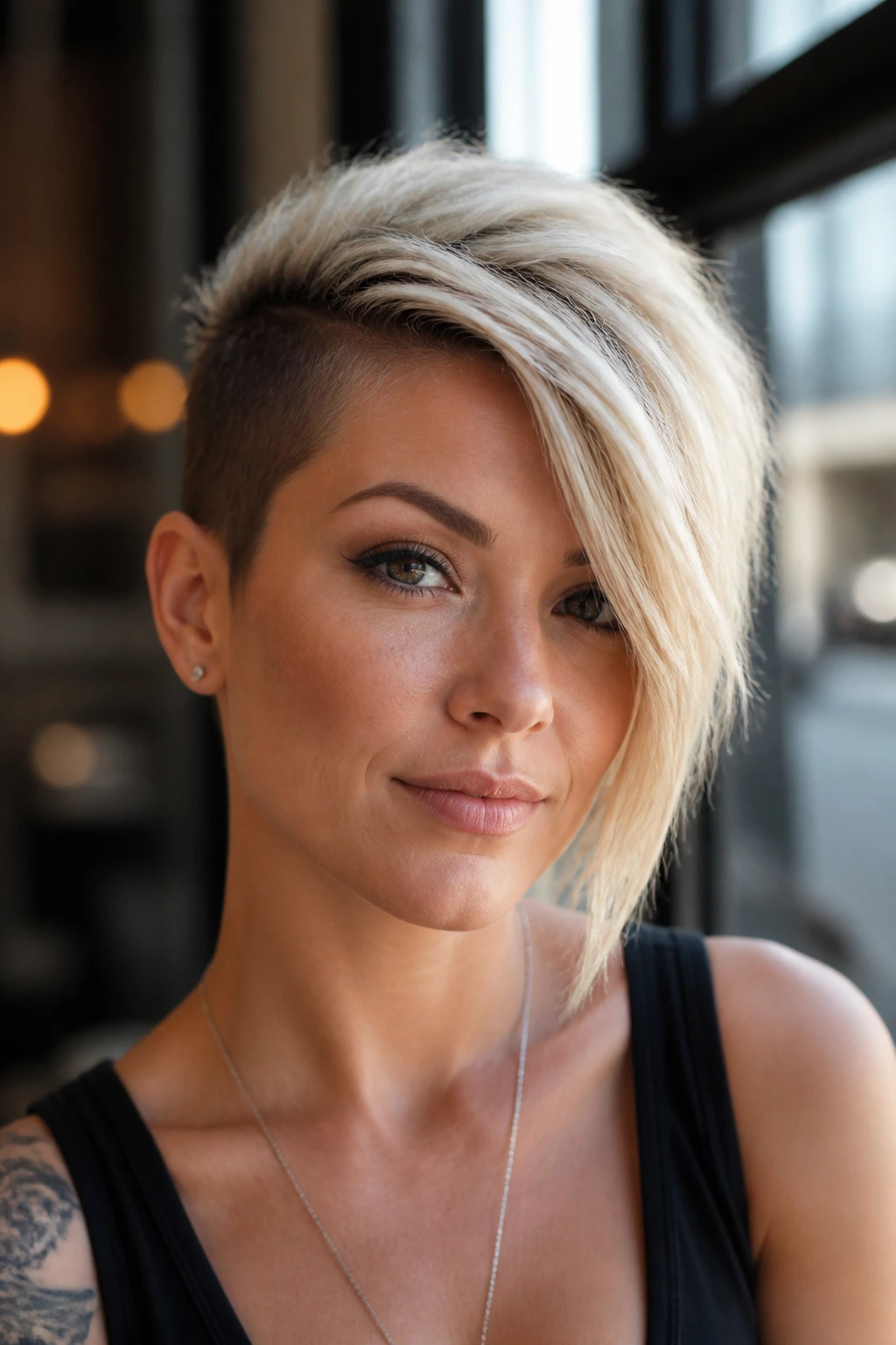 Portrait of a real woman with a side-swept asymmetrical pixie showing longer side across the forehead.