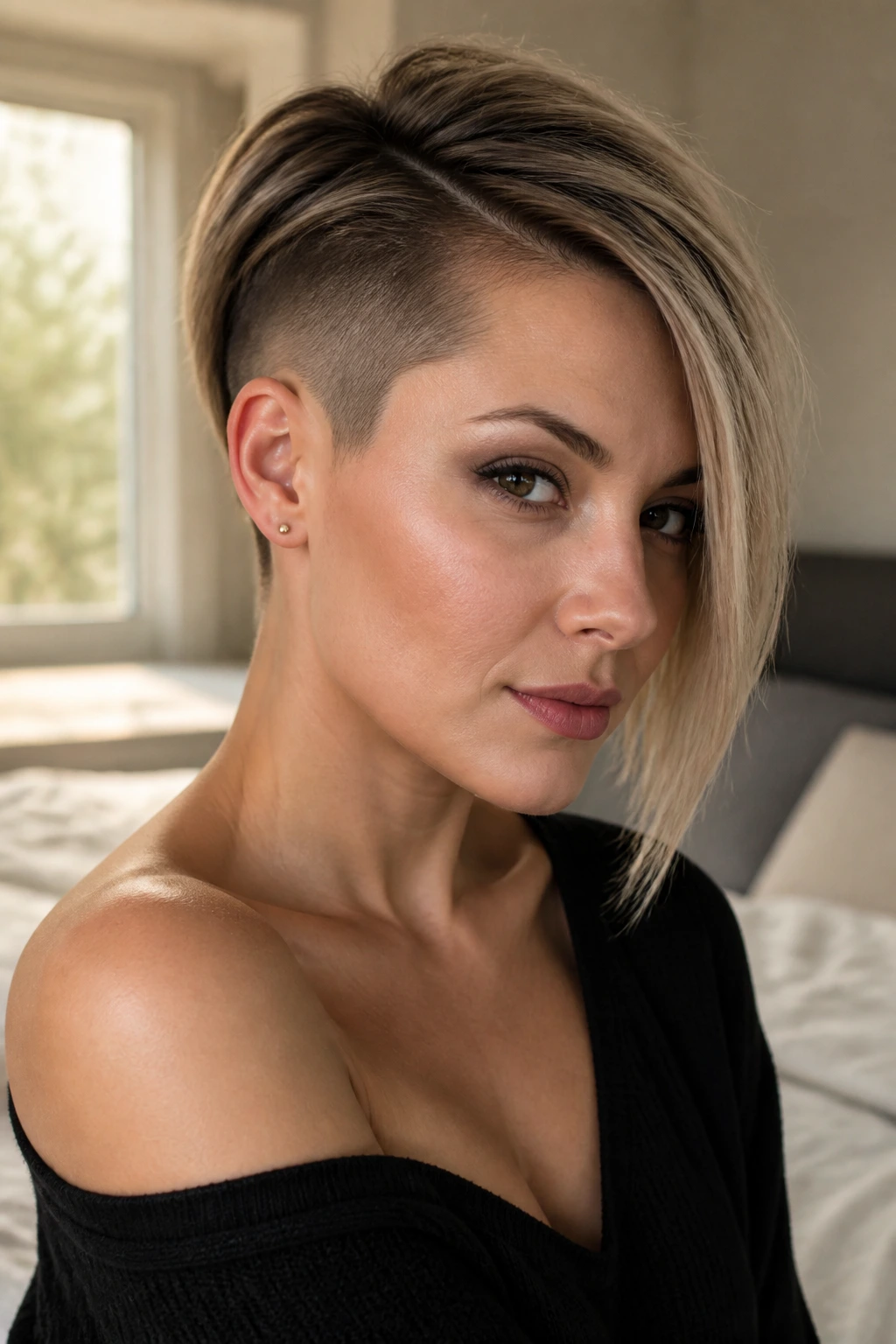 Close-up portrait of a real woman with an asymmetrical pixie and deep side part in soft bedroom light