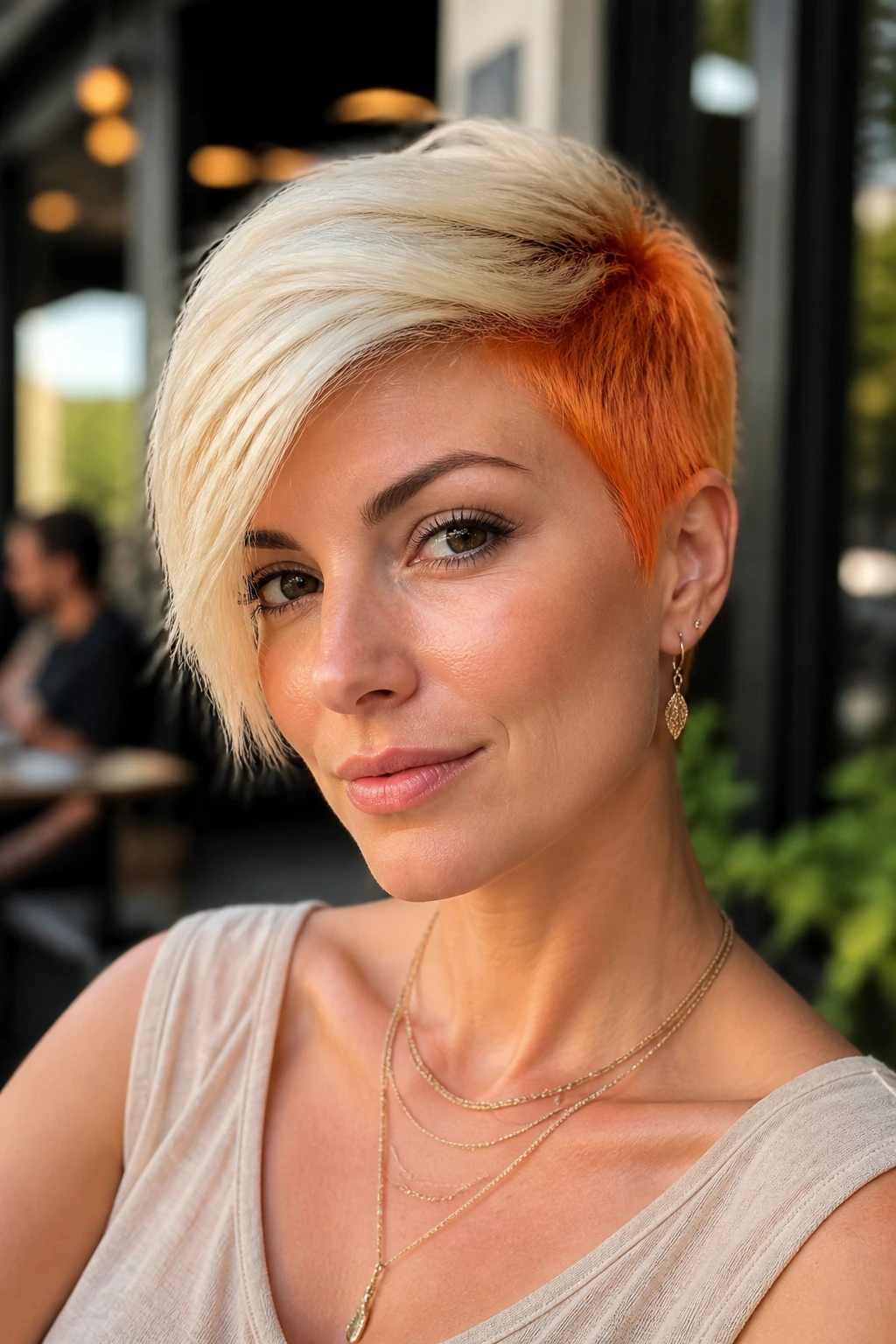 Portrait of a woman with an asymmetrical pixie cut featuring tangerine accents