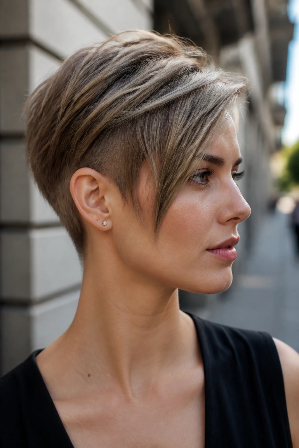 Portrait of a real person with asymmetrical pixie and tapered nape