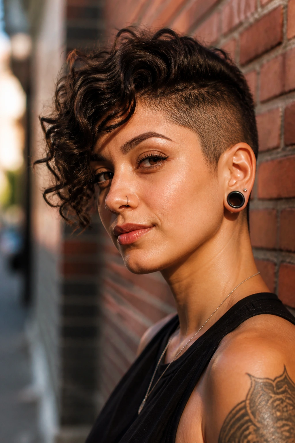 Portrait of a real woman with an asymmetrical pixie undercut