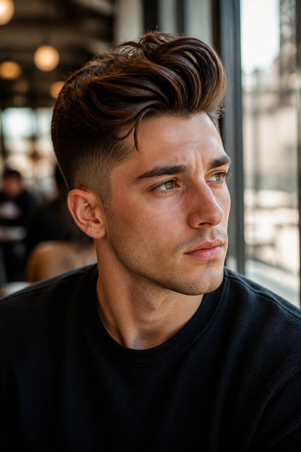 Portrait of a person with a bold asymmetrical pompadour in a warm urban cafe setting.