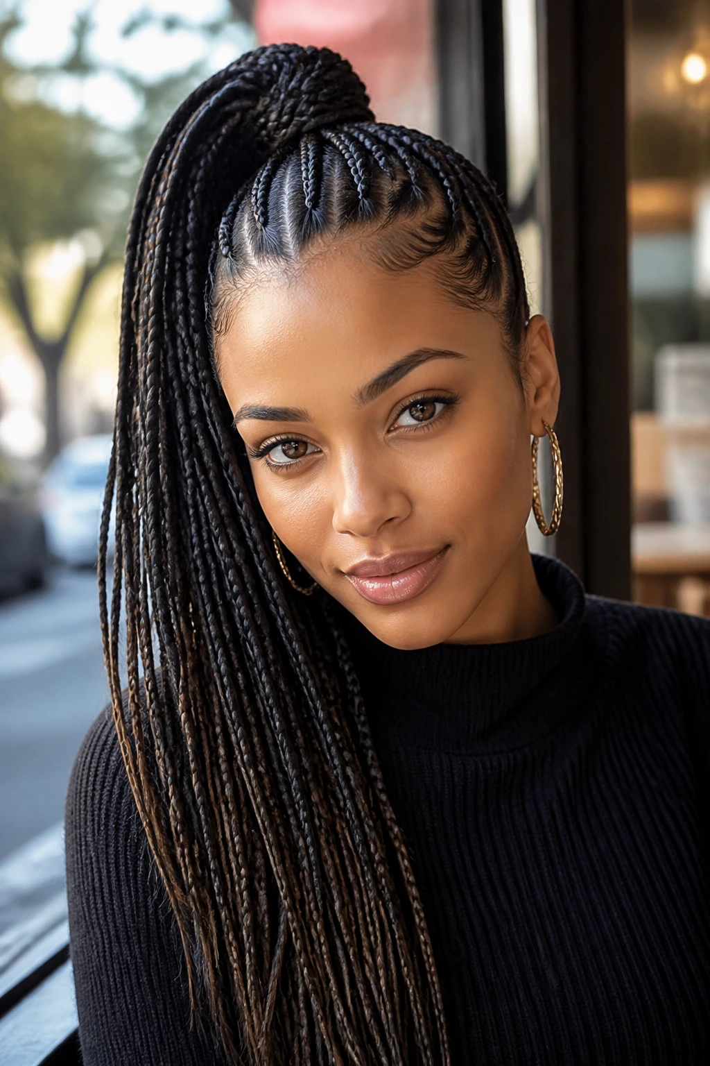 Profile of woman with off-center asymmetrical braided ponytail