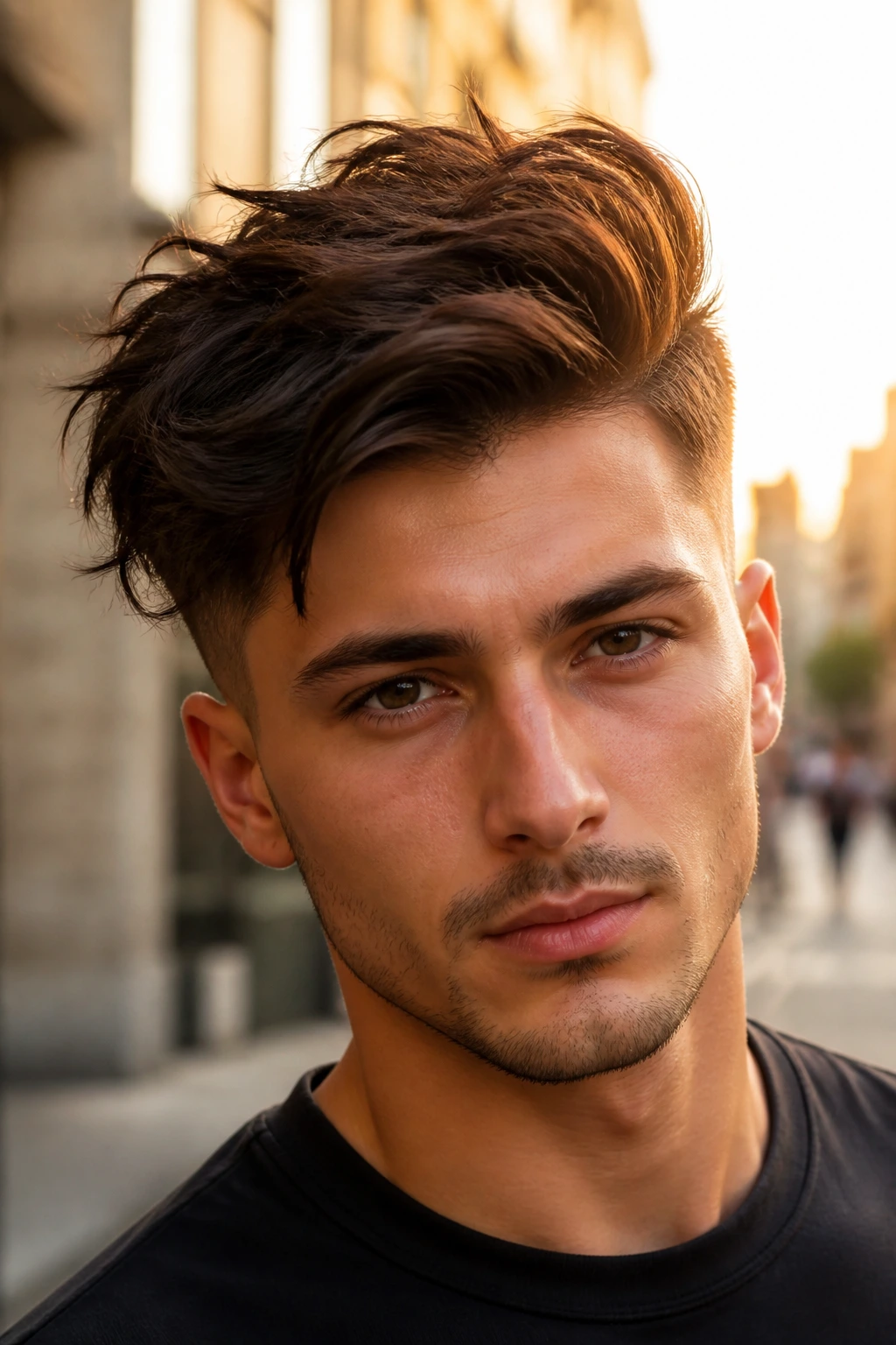 Close-up portrait of a real person with an asymmetrical quiff on a city street at golden hour