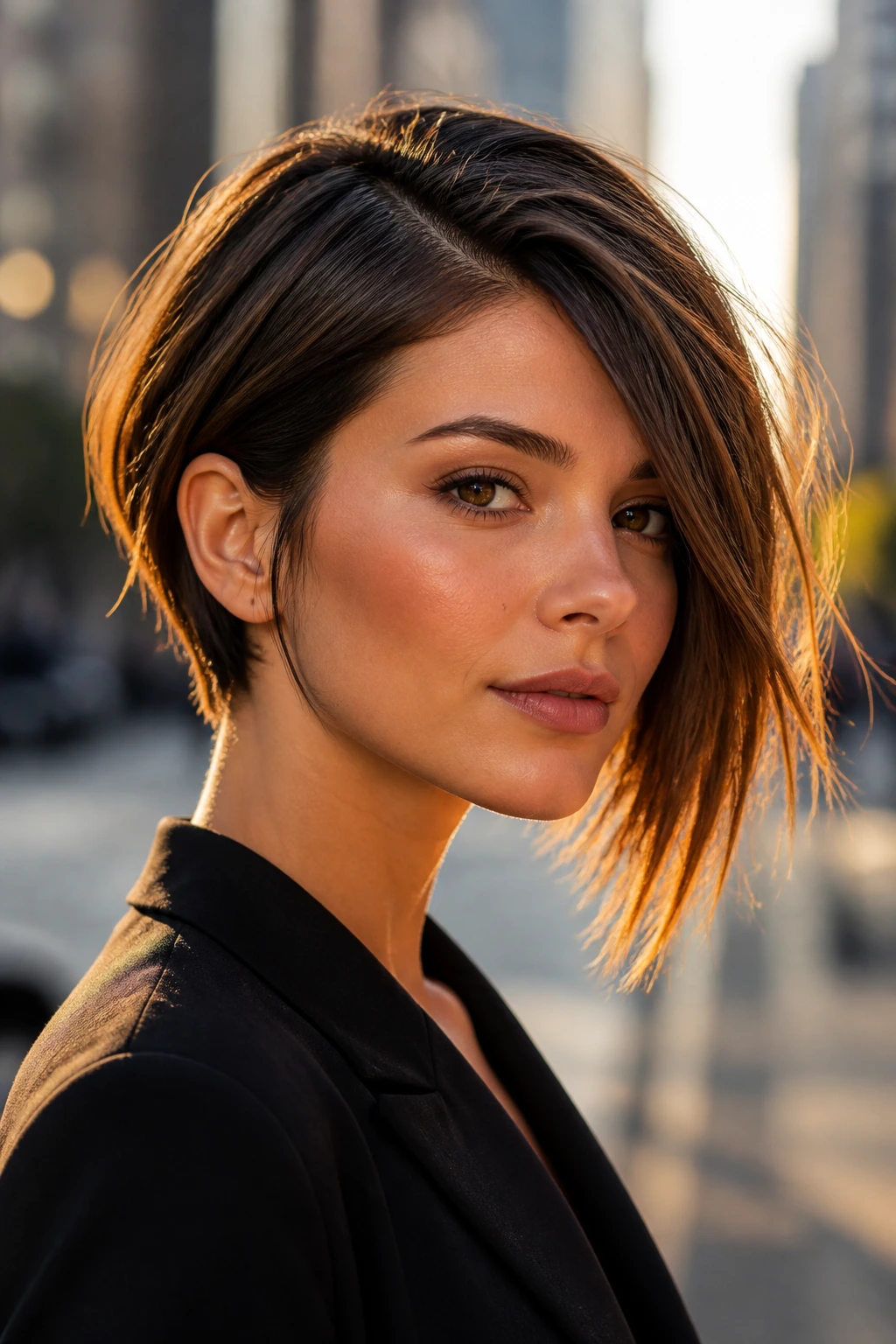 Side-profile of a real woman with an asymmetrical razor bob
