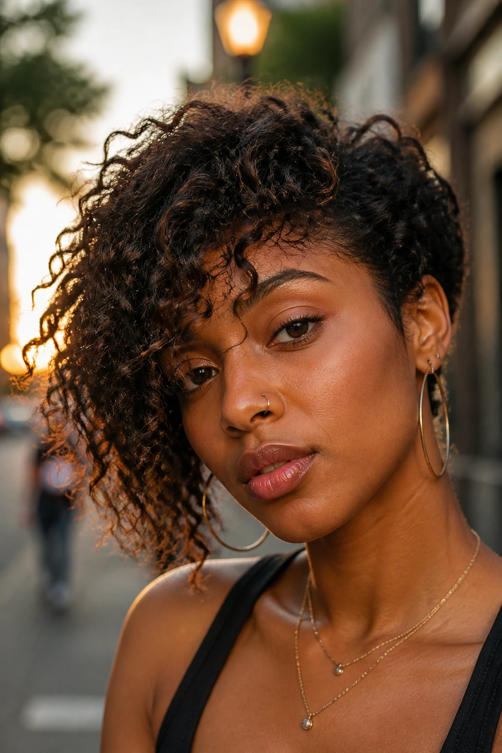 Close-up portrait showing asymmetrical ringlets with a longer side at golden hour street