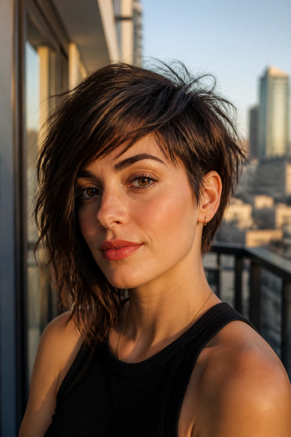 Close-up of a real woman with an asymmetrical shag cut.