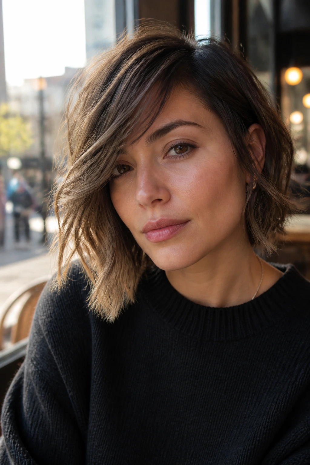Portrait of a real woman with an asymmetrical shag bob showing uneven length
