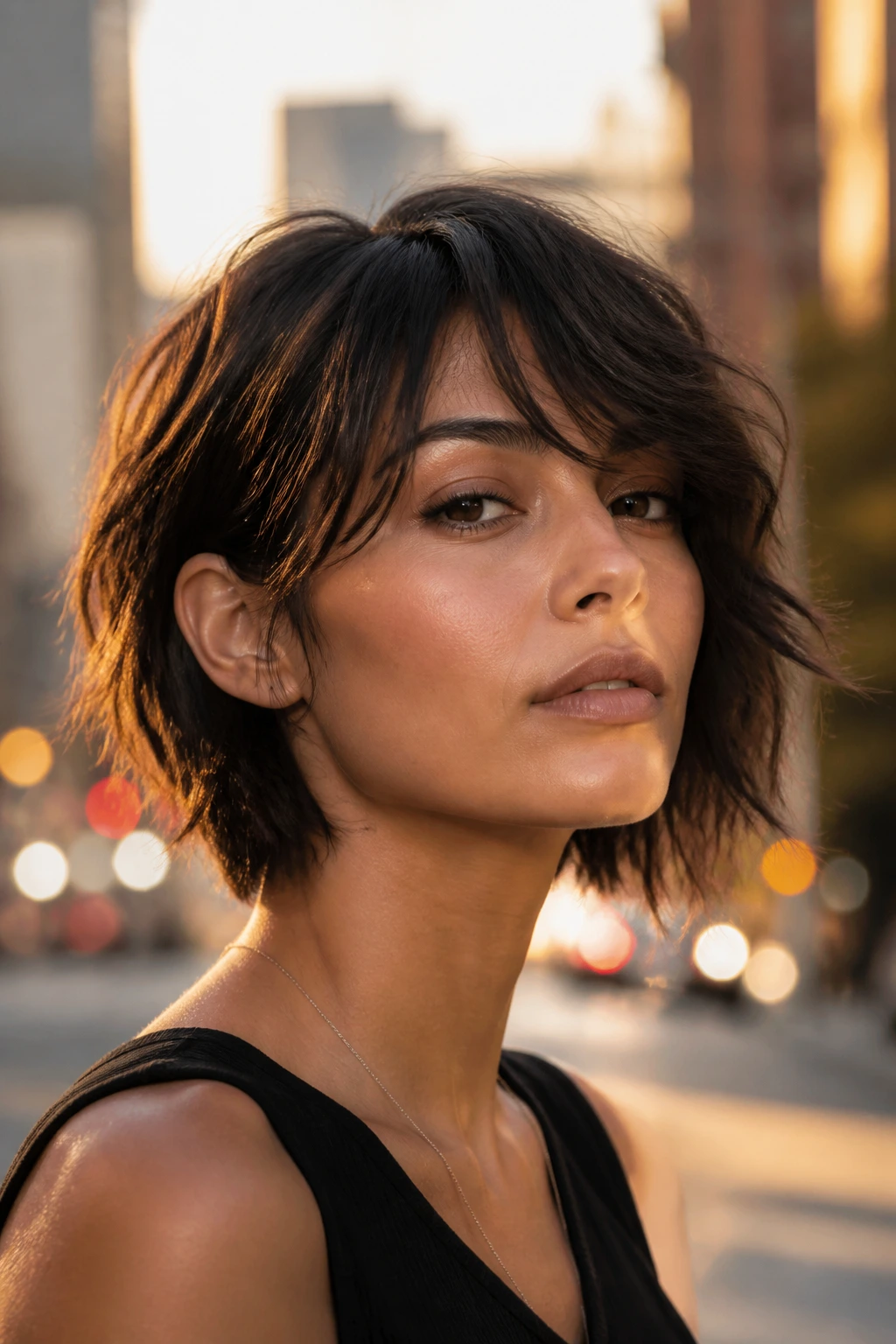 Portrait of a woman with an asymmetrical shag bob