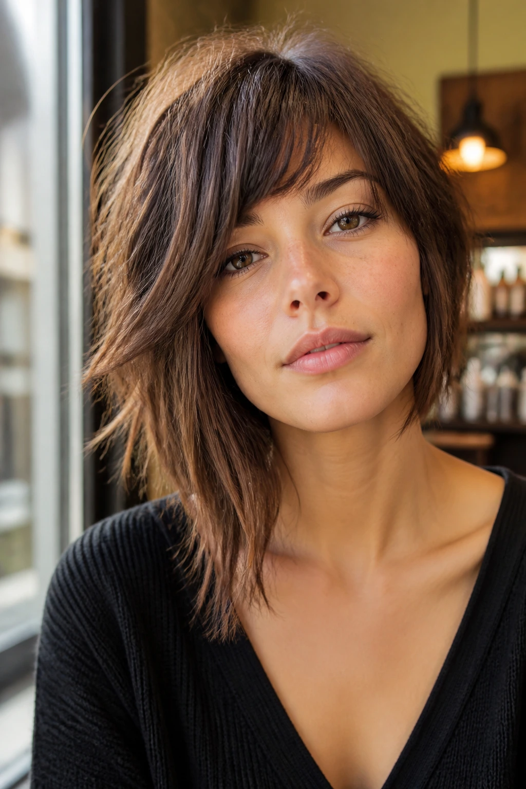Close-up portrait of a real woman with an asymmetrical shag haircut, side-length contrast.