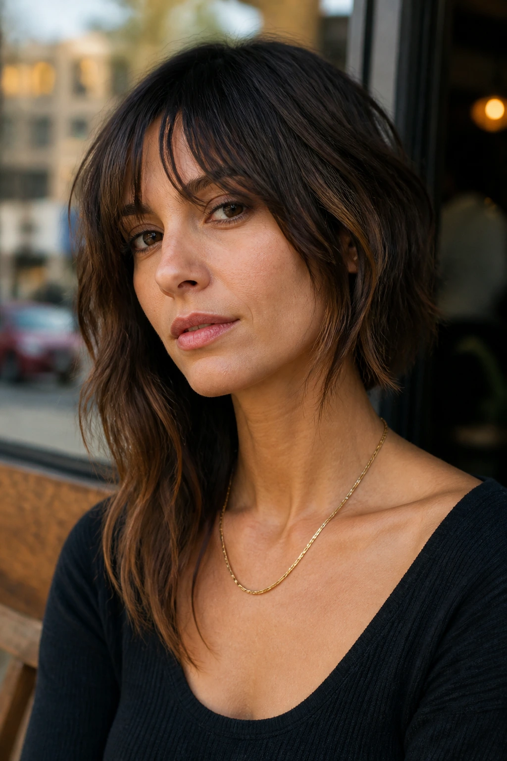 Close-up portrait of a real woman with asymmetrical shag featuring a longer side and soft curtain bangs