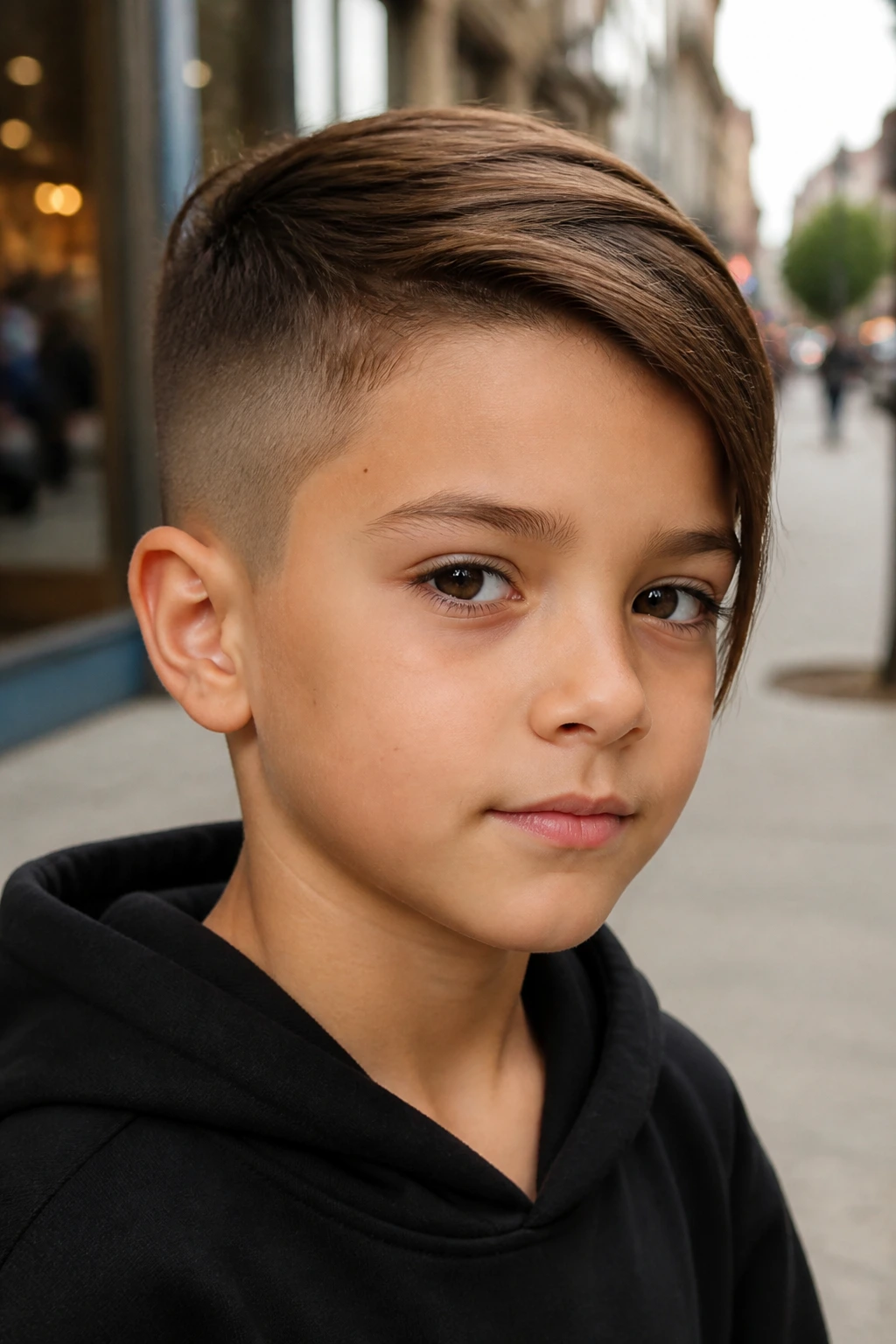Child with asymmetrical short haircut showing one longer side.