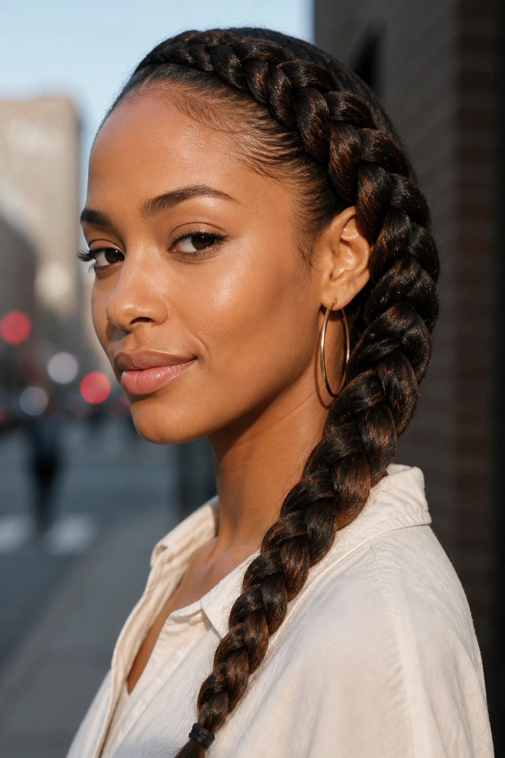 Real person with thick asymmetrical side braid over one shoulder