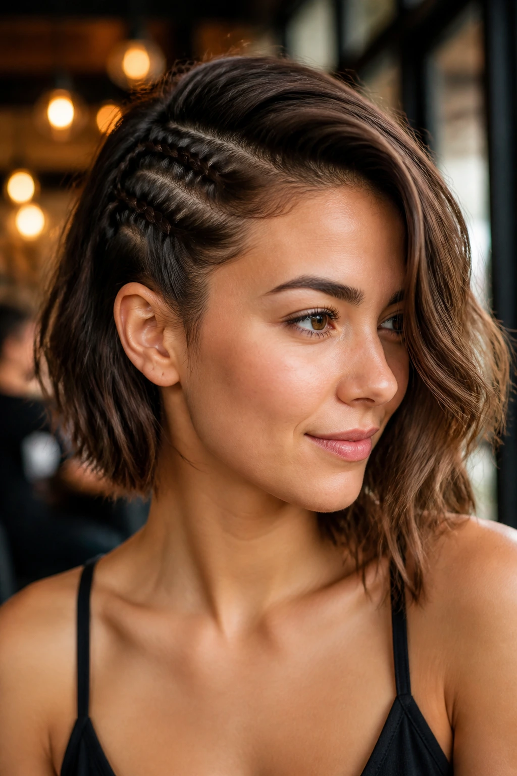 Close-up portrait of a real woman with an asymmetrical braided side