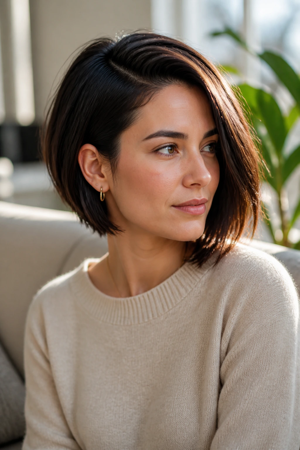 Real woman with deep side-parted asymmetrical bob in living room light