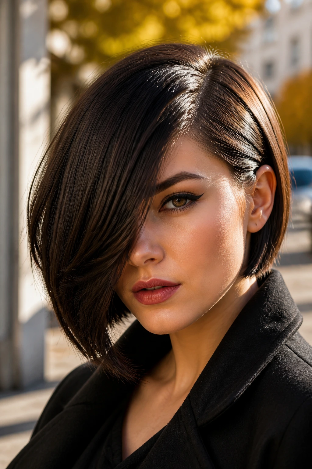 Portrait of a woman with an asymmetrical side-part bob outdoors