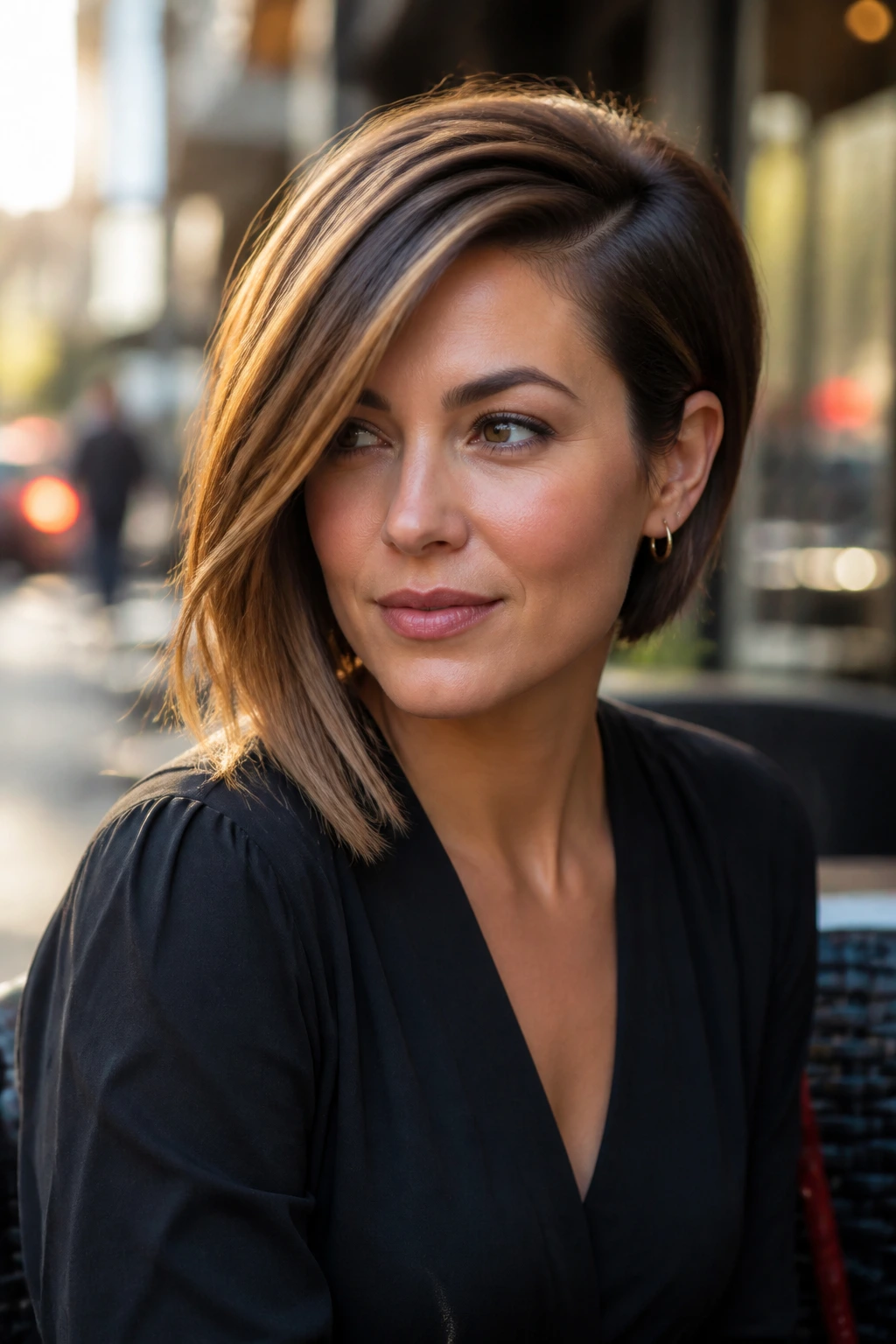Close-up portrait of a real woman with an asymmetrical deep side part.