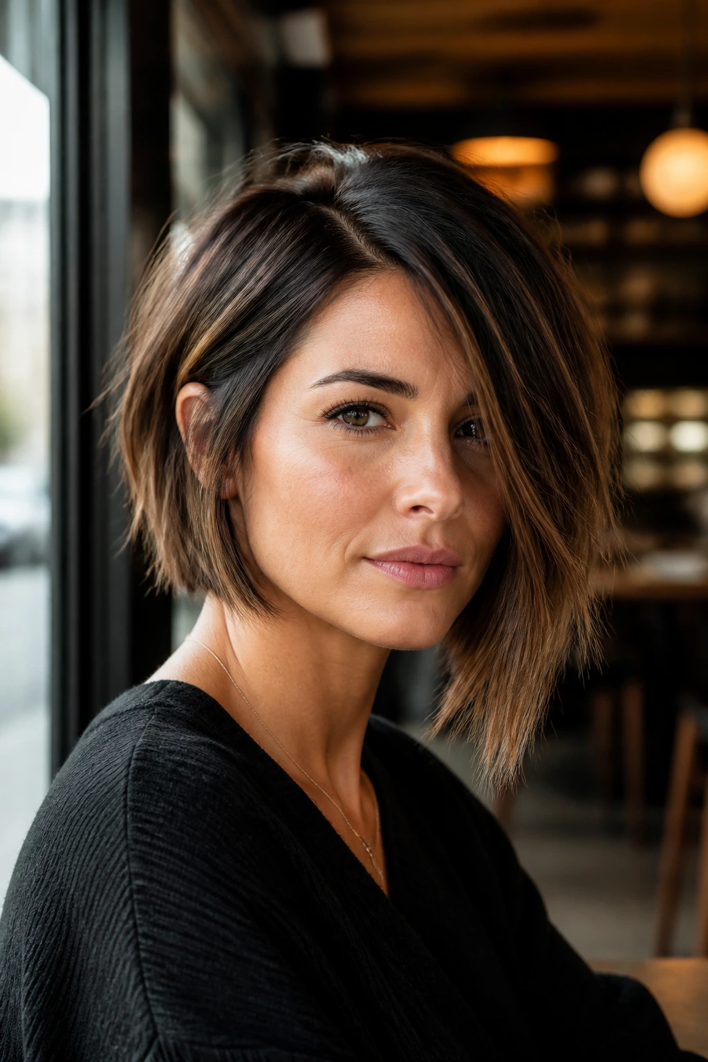Portrait of a real woman with an asymmetrical side-part bob