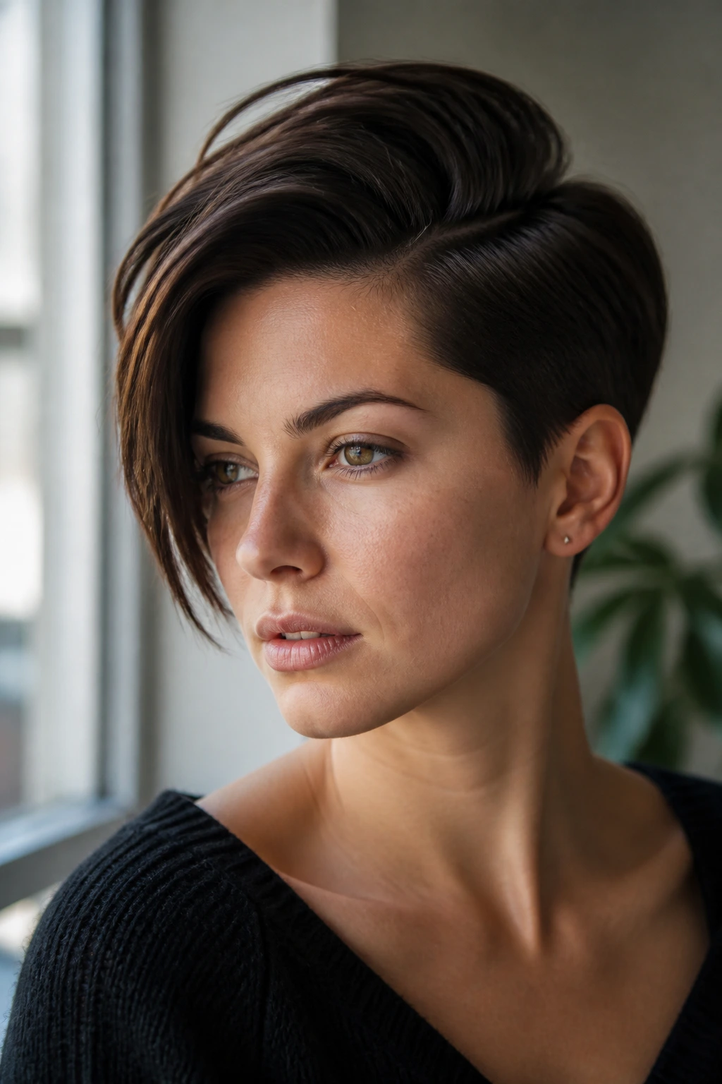 Portrait of a real person with an asymmetrical side-part hairstyle under window light