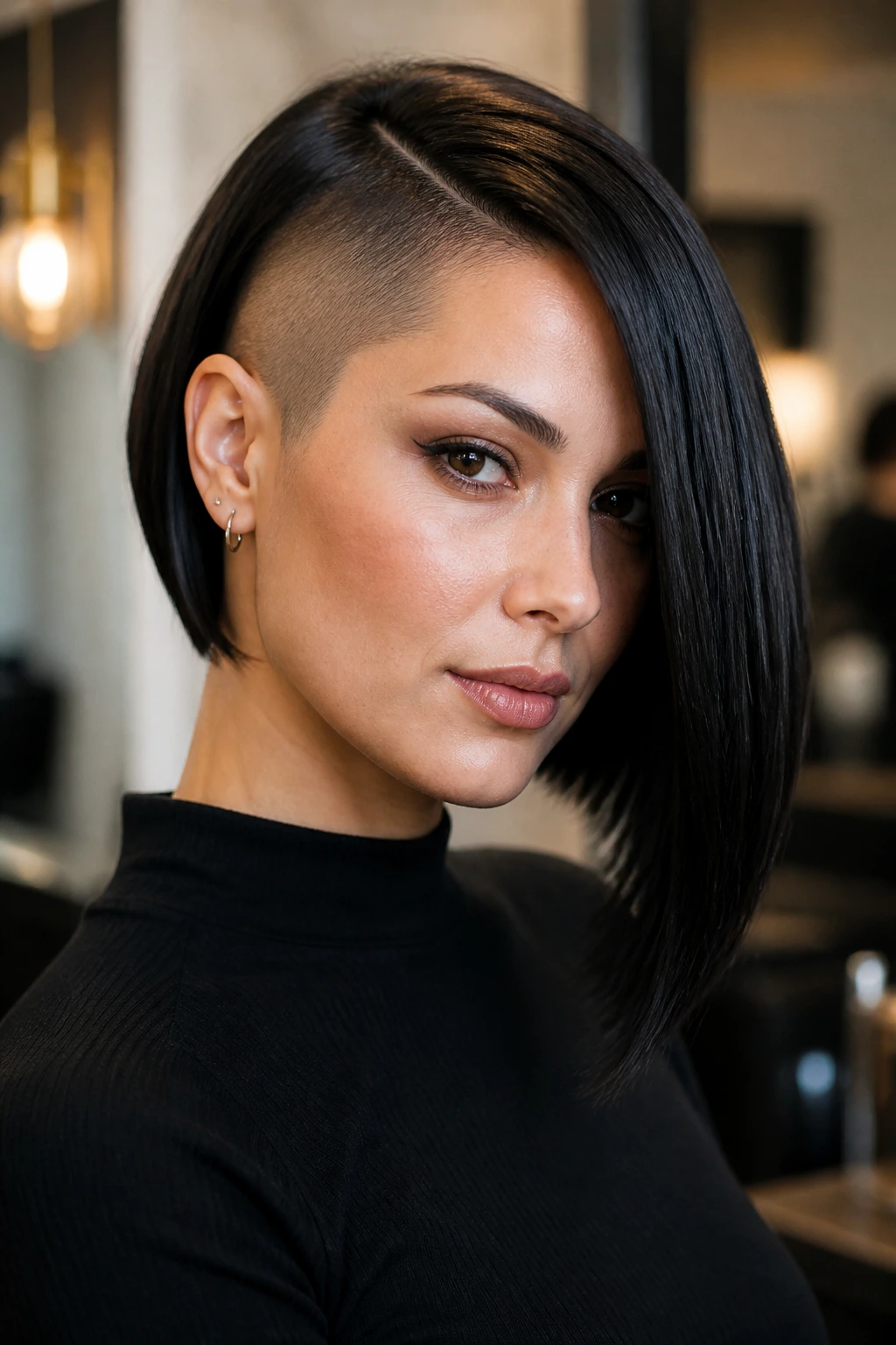 Portrait of a real woman with an asymmetrical side-shave bob in a chic salon