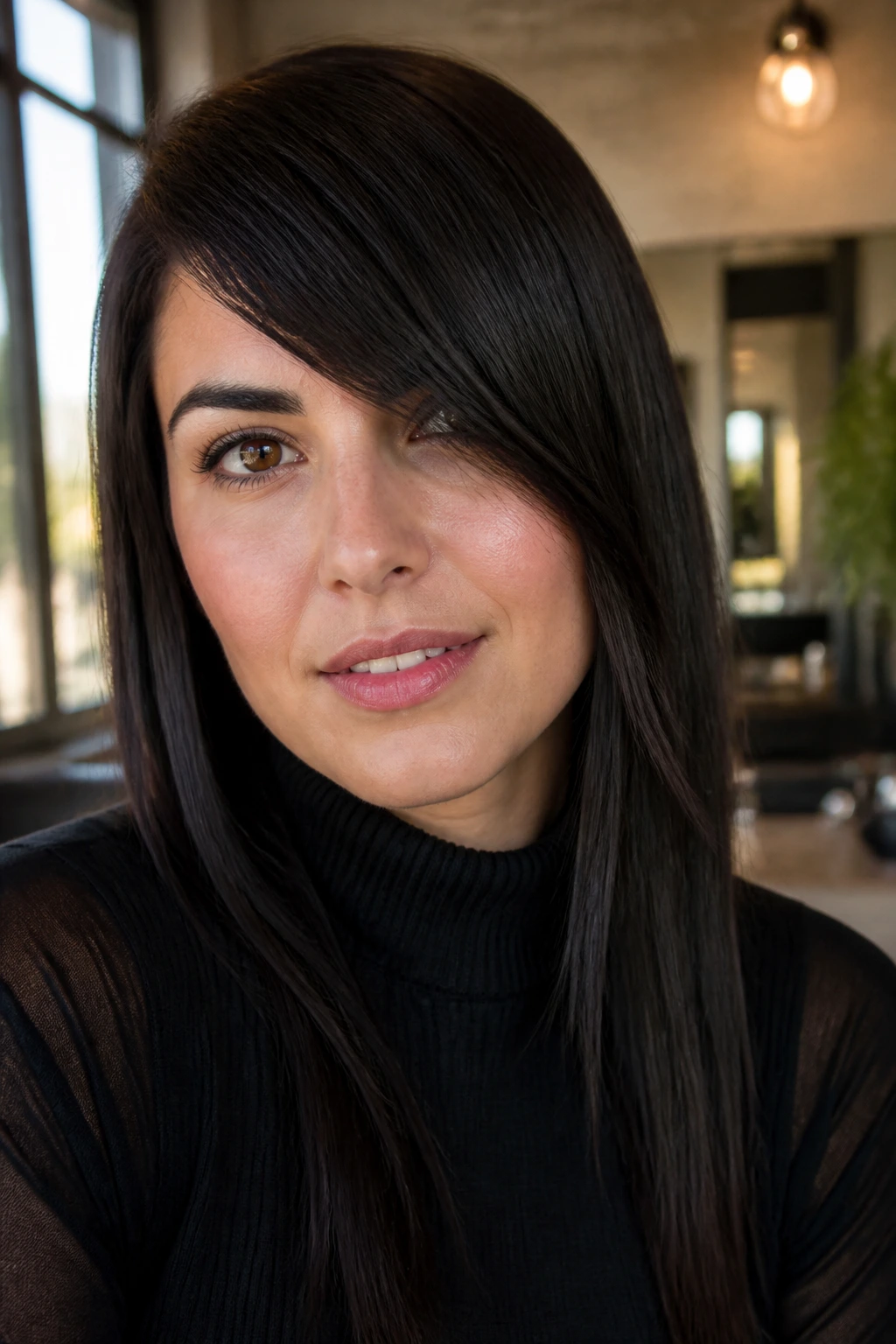 Close-up of a real person with slanted asymmetrical side-swept bangs