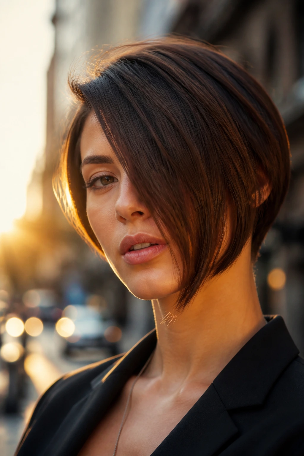 Asymmetrical side-swept bob on real woman