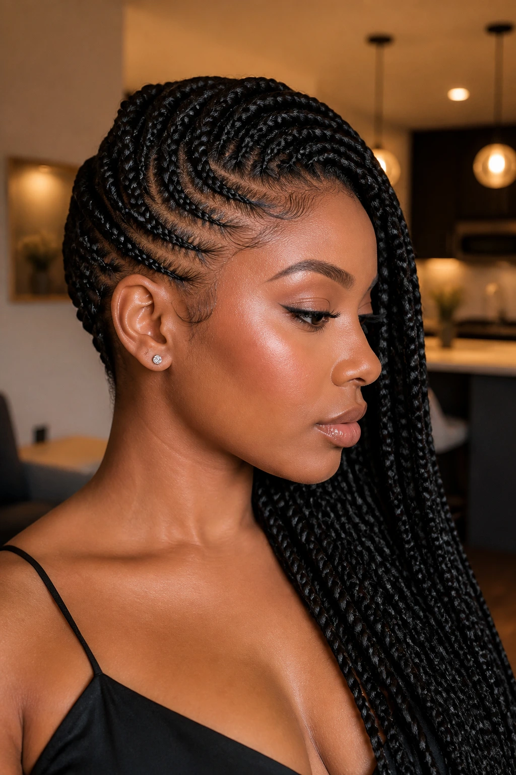 Close-up of a real woman with asymmetrical side-swept cornrows in a softly lit room