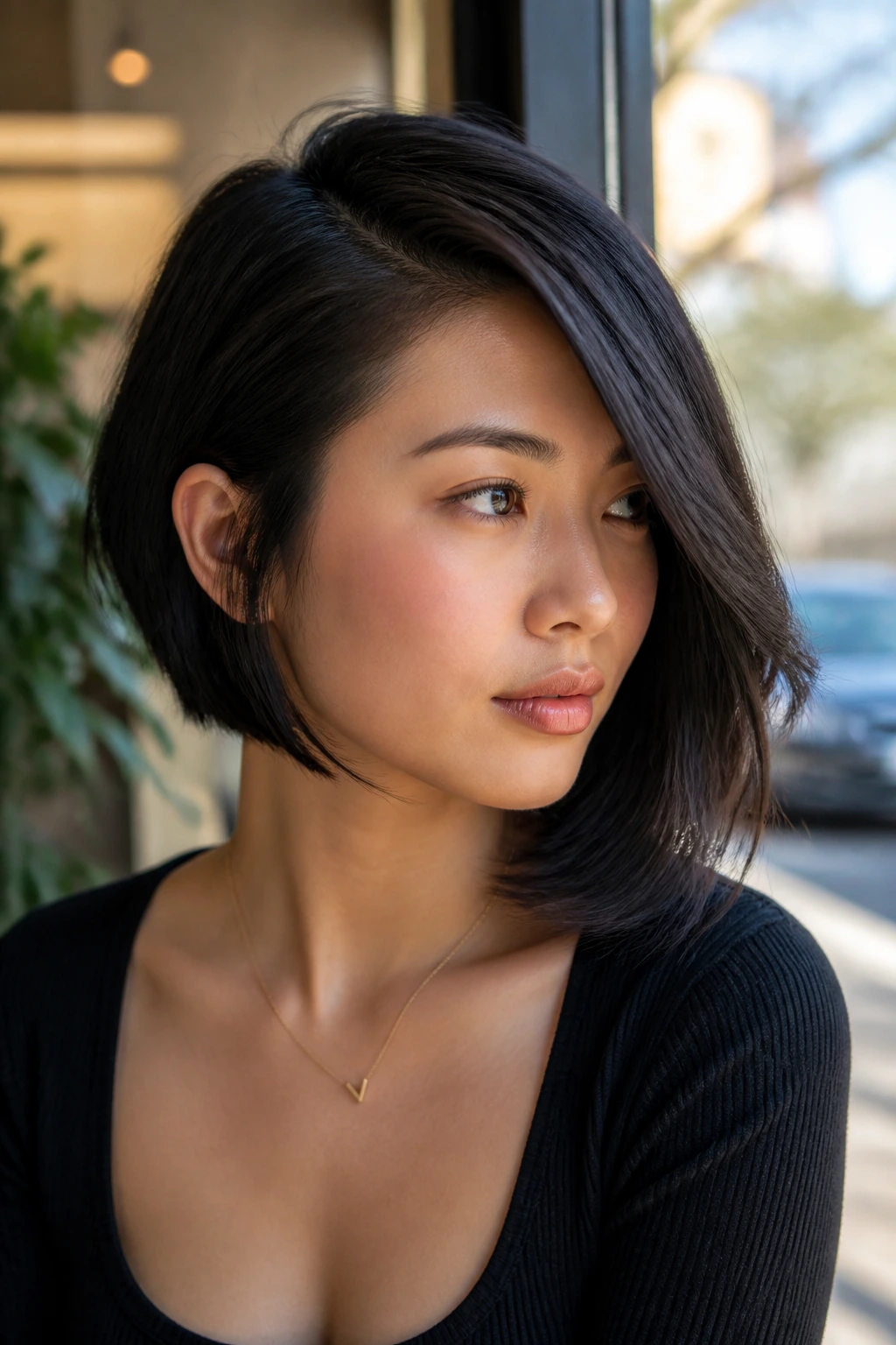 Close-up portrait of a real woman with asymmetrical side-swept flick