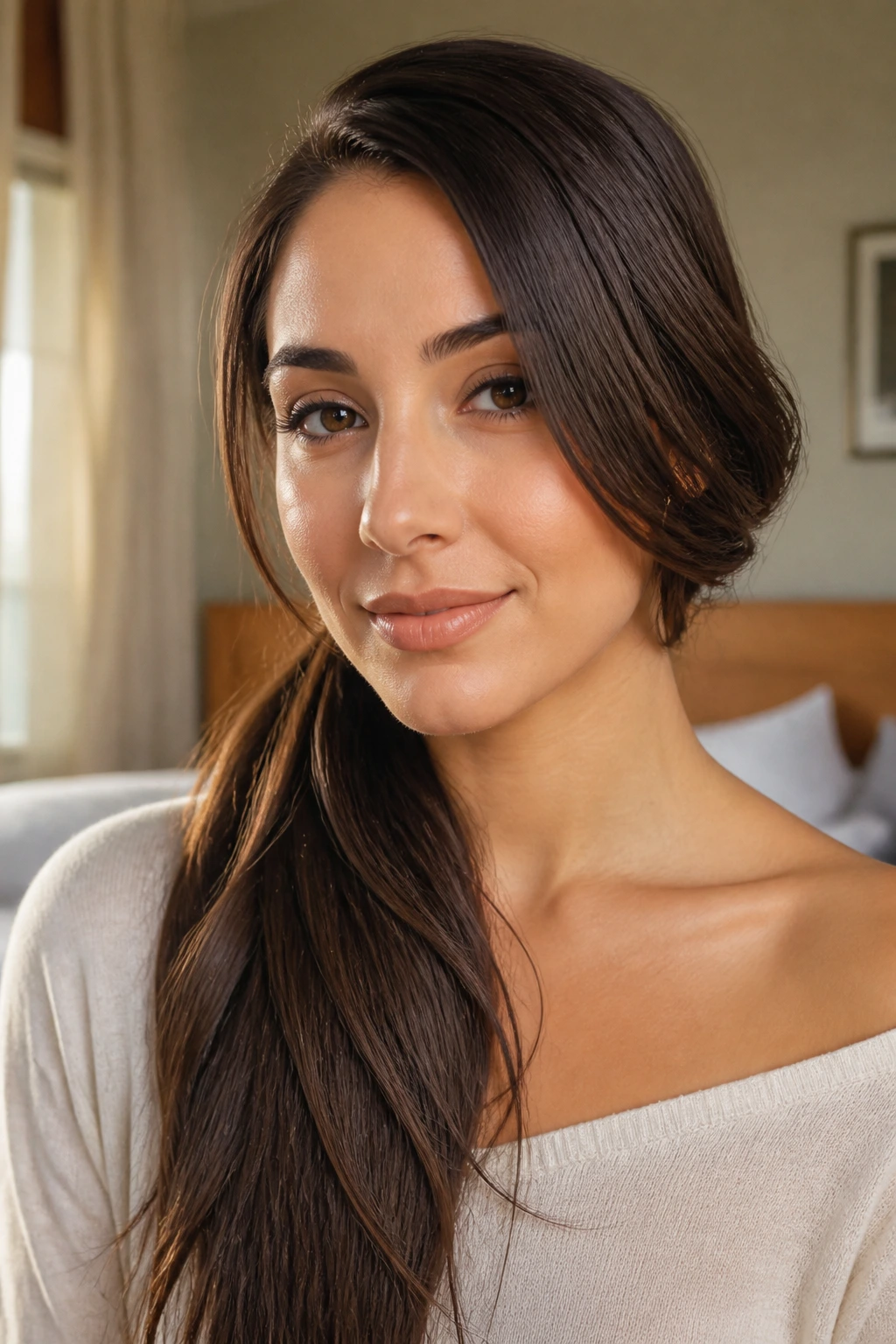 Close-up of a real woman with asymmetrical side-swept hair secured at the nape with pins, warm window light.