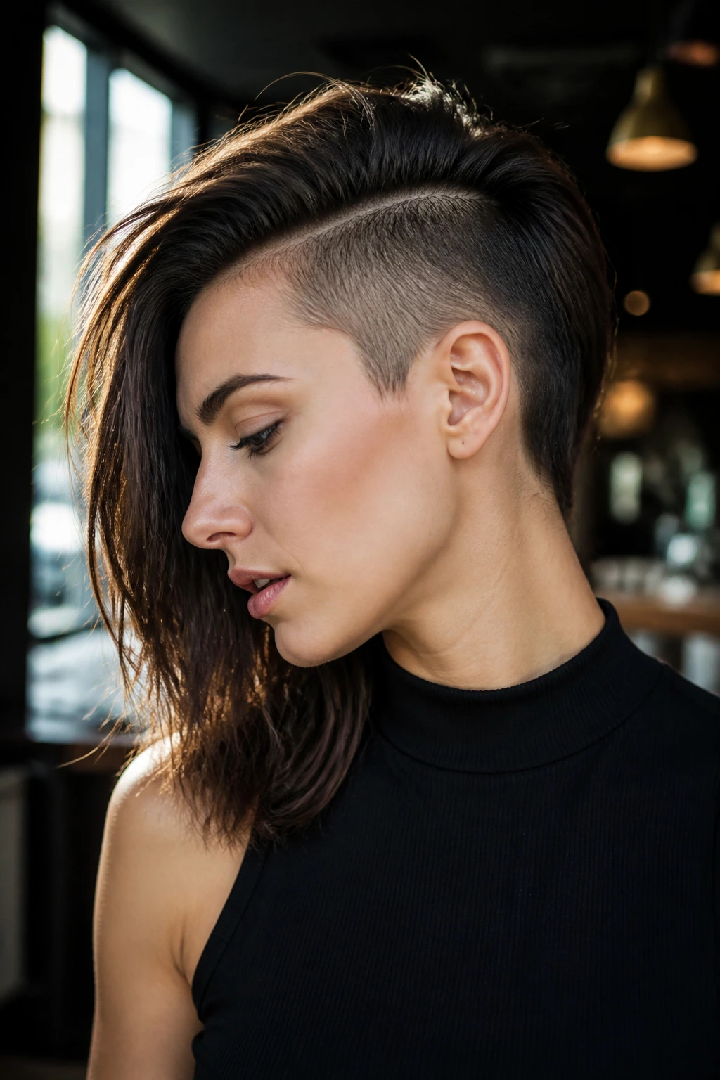 Profile view of a real woman with an asymmetrical side undercut showing a shaved side and longer opposite side.