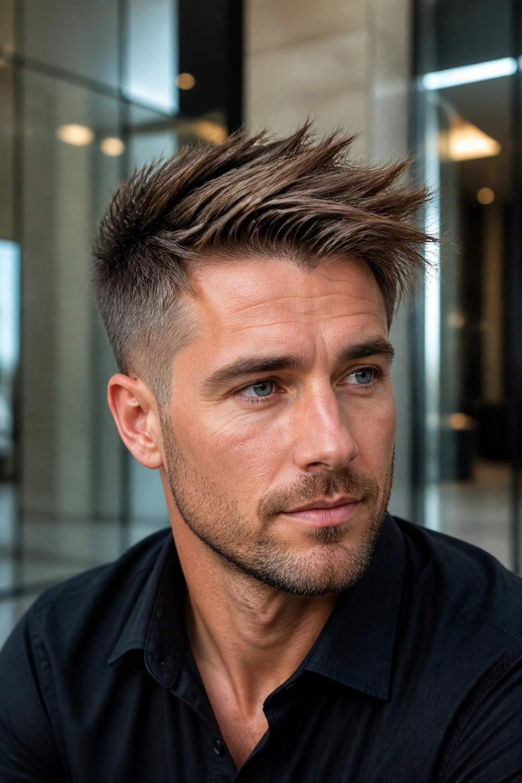 Close-up portrait of a man with an asymmetrical spiky top in a modern office lobby