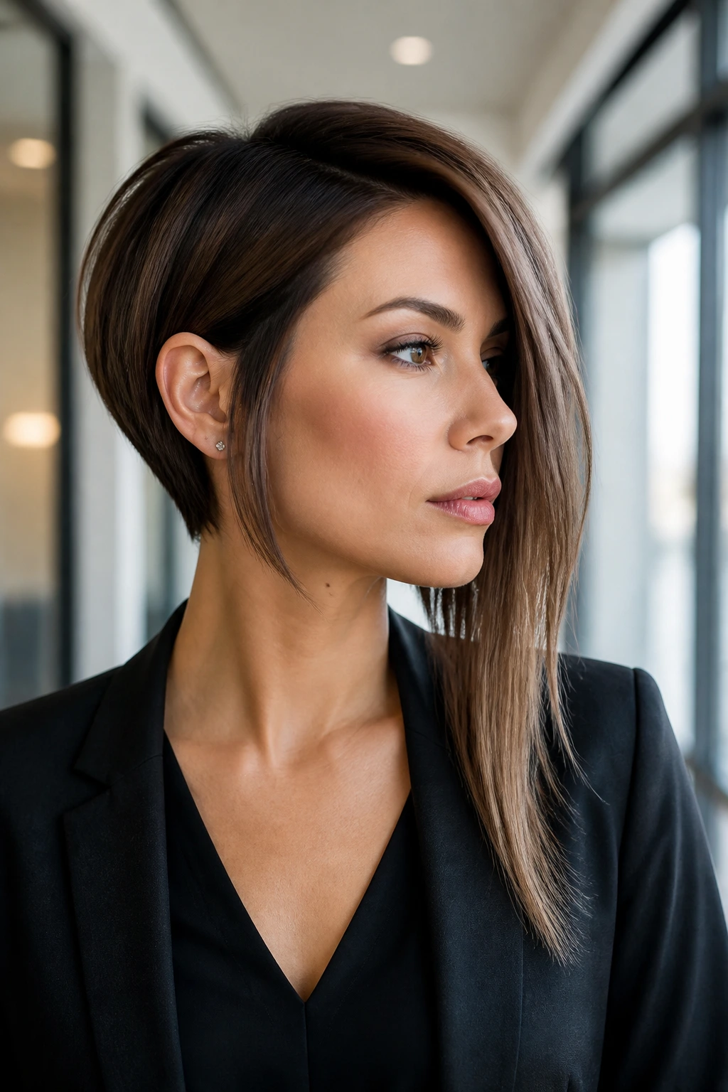 Portrait of a woman with an asymmetrical one-sided stack hairstyle in a corporate hallway