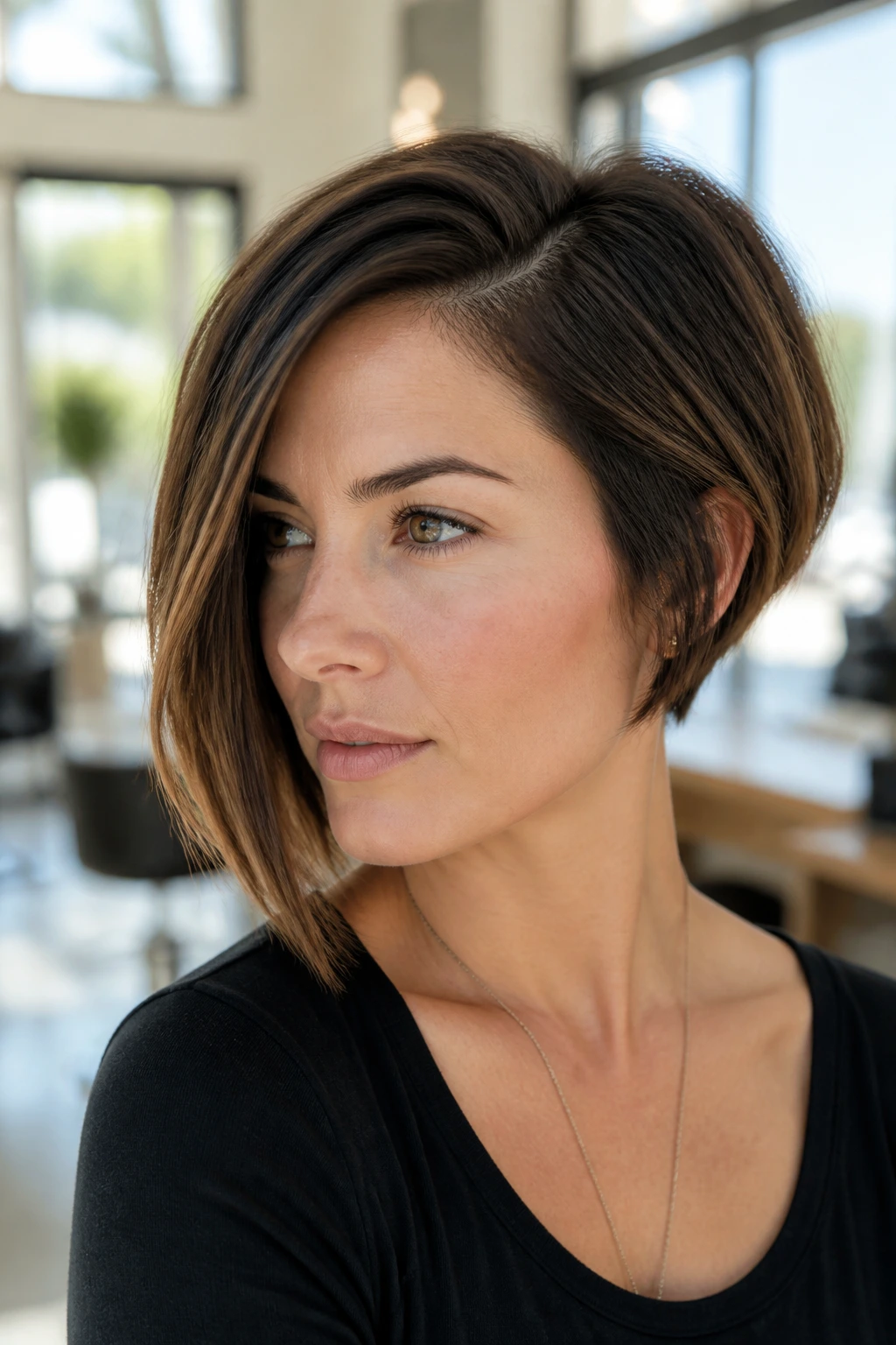Portrait of a real woman with The Asymmetrical Stacked Bob in a modern salon
