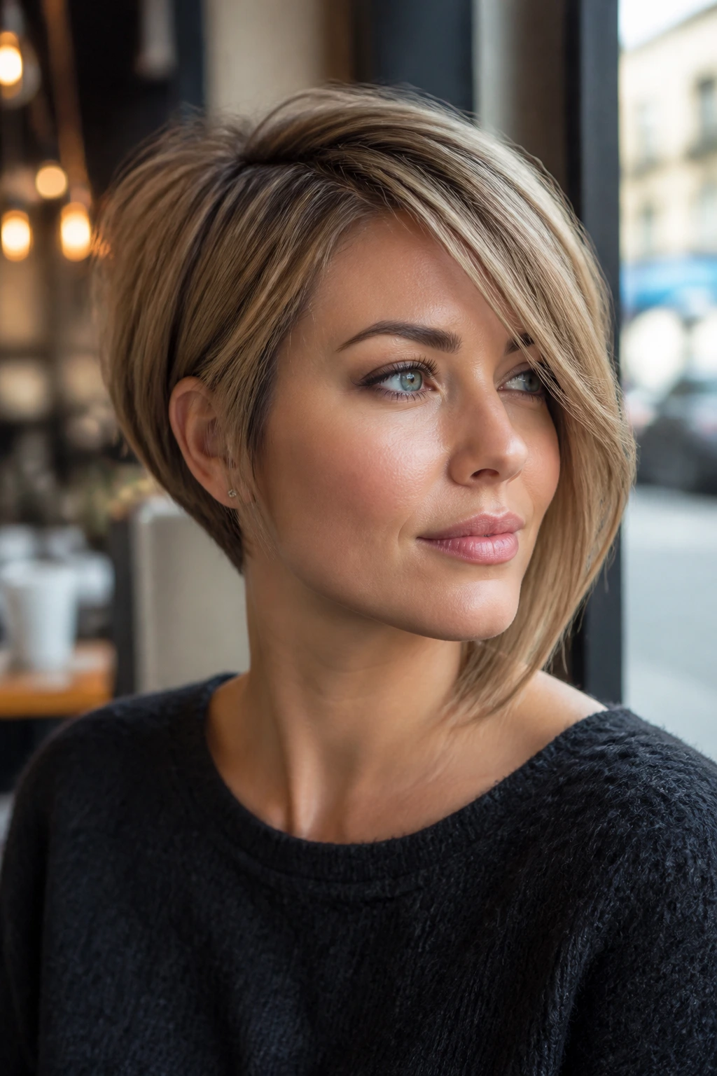 Close-up of a real woman with an asymmetrical stacked bob in warm cafe light.