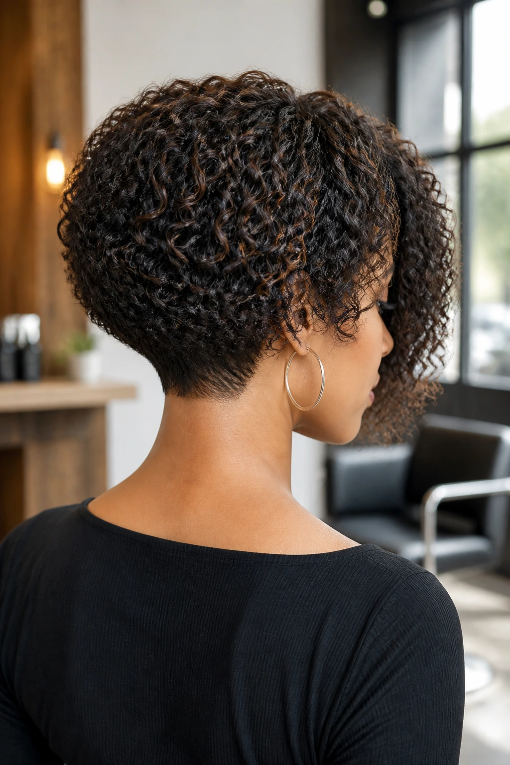 Close-up of a real woman with an asymmetrical stacked inverted bob, in a sunlit salon.