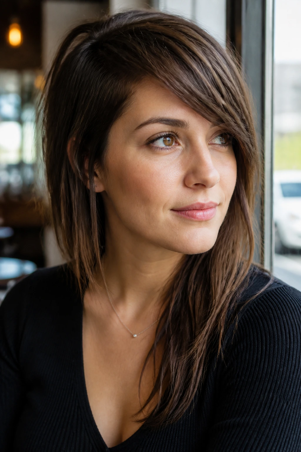 Real person with asymmetrical swept bangs, one side shorter than the other