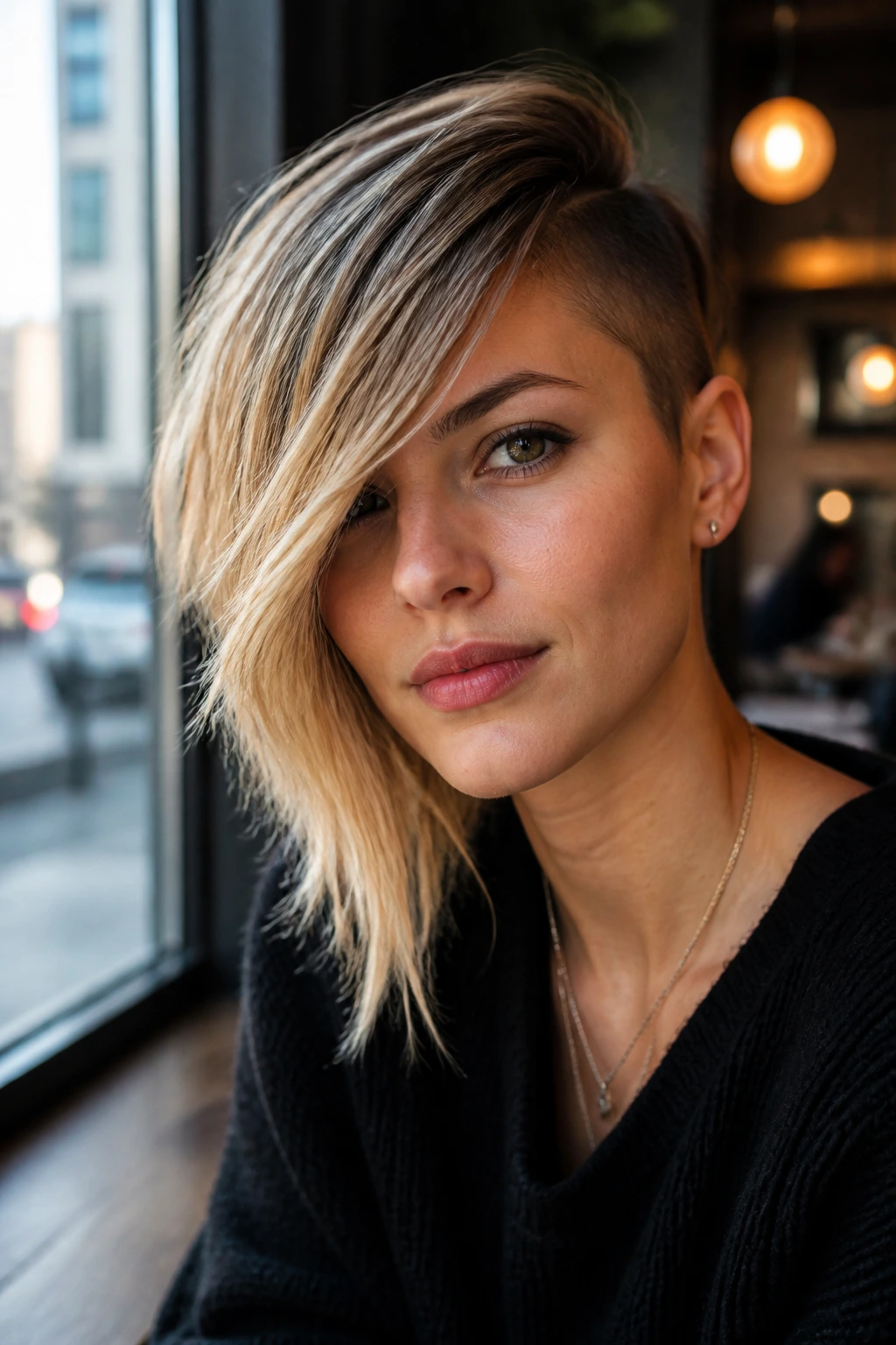 Portrait of a person with an extreme asymmetrical swept fringe