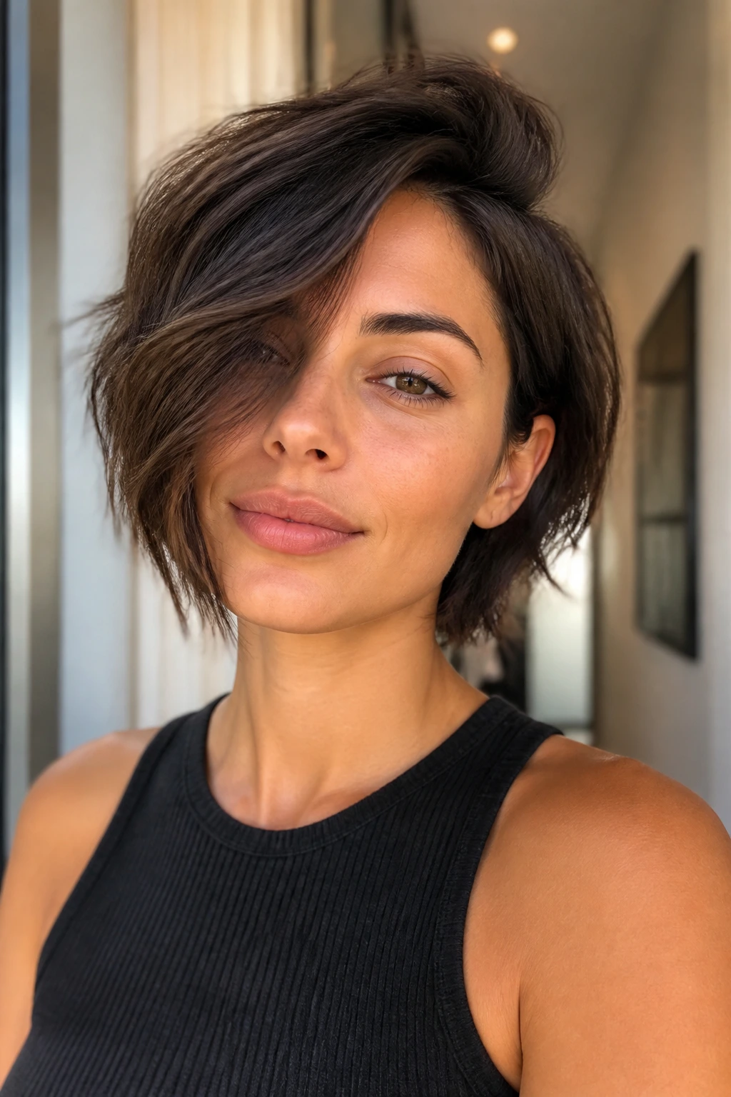 Portrait of a real woman with an asymmetrical textured bob