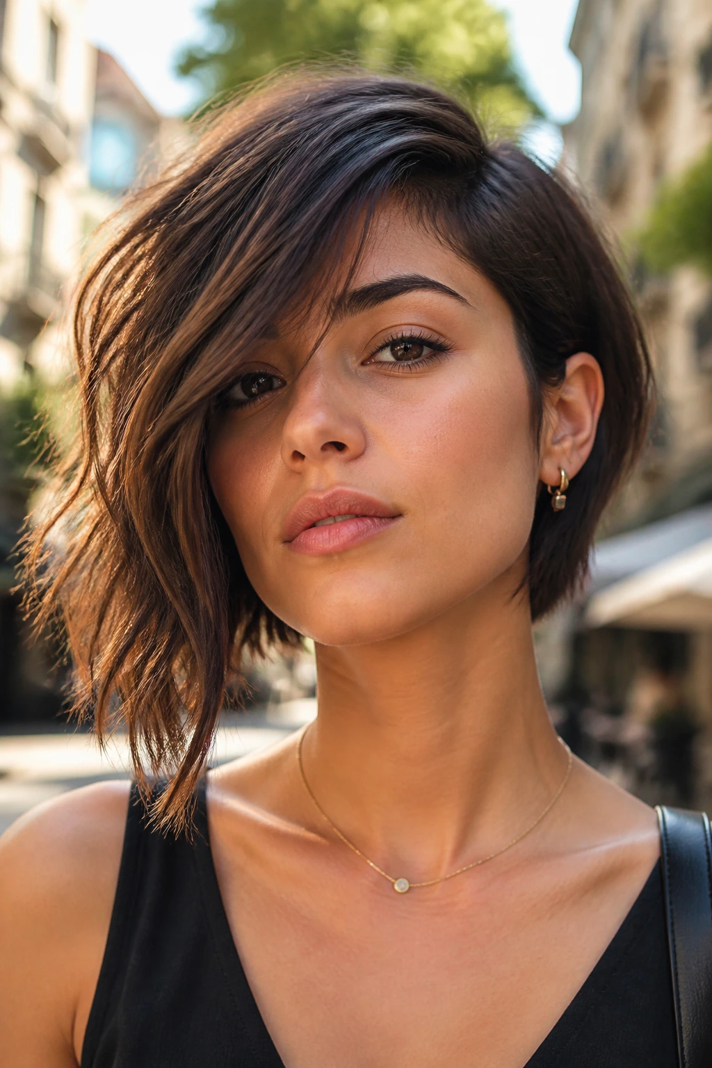 Asymmetrical textured bob on real person with longer side and textured cascade