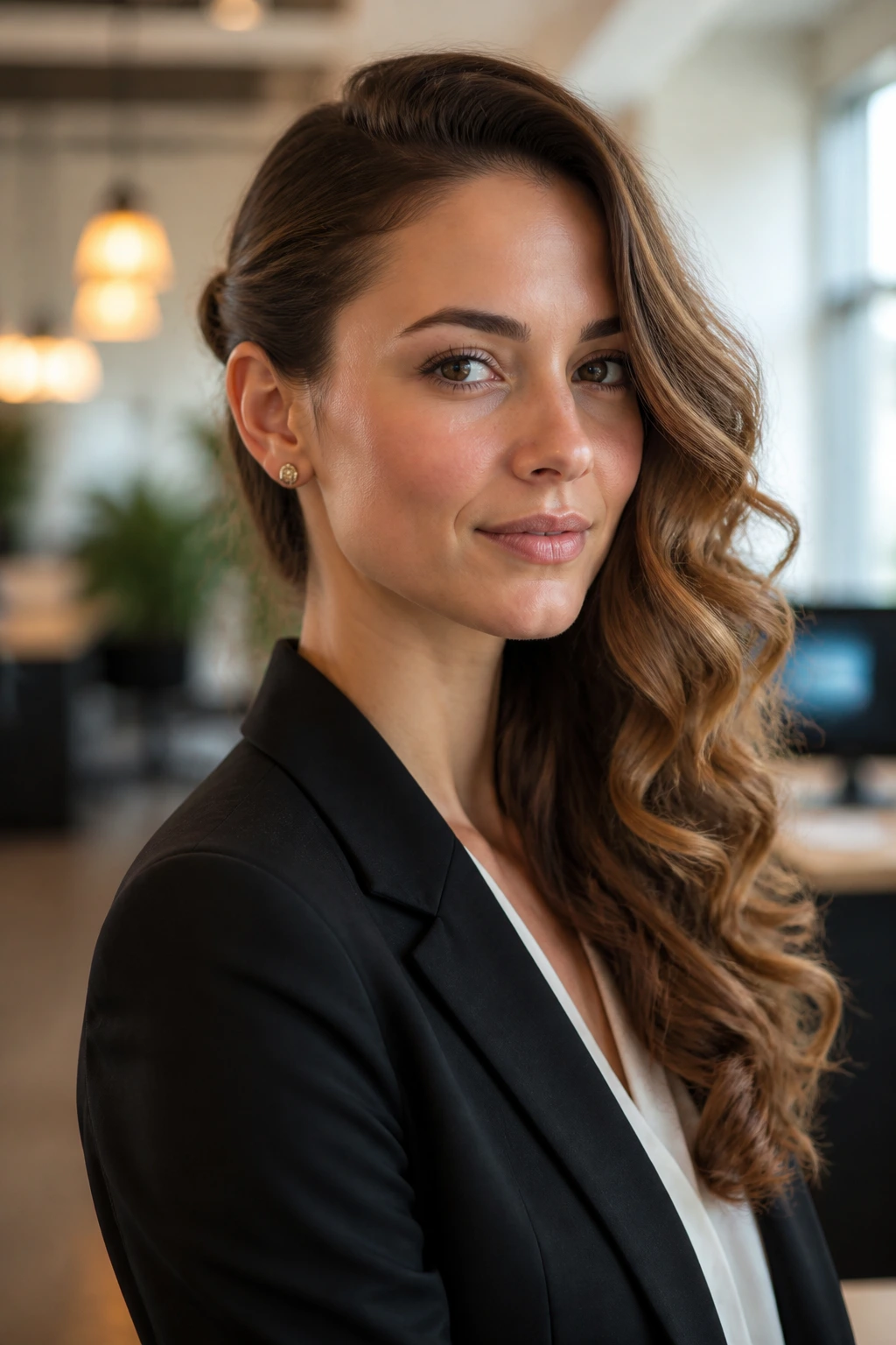 Close-up of a real woman with an asymmetrical tuck behind the ear.