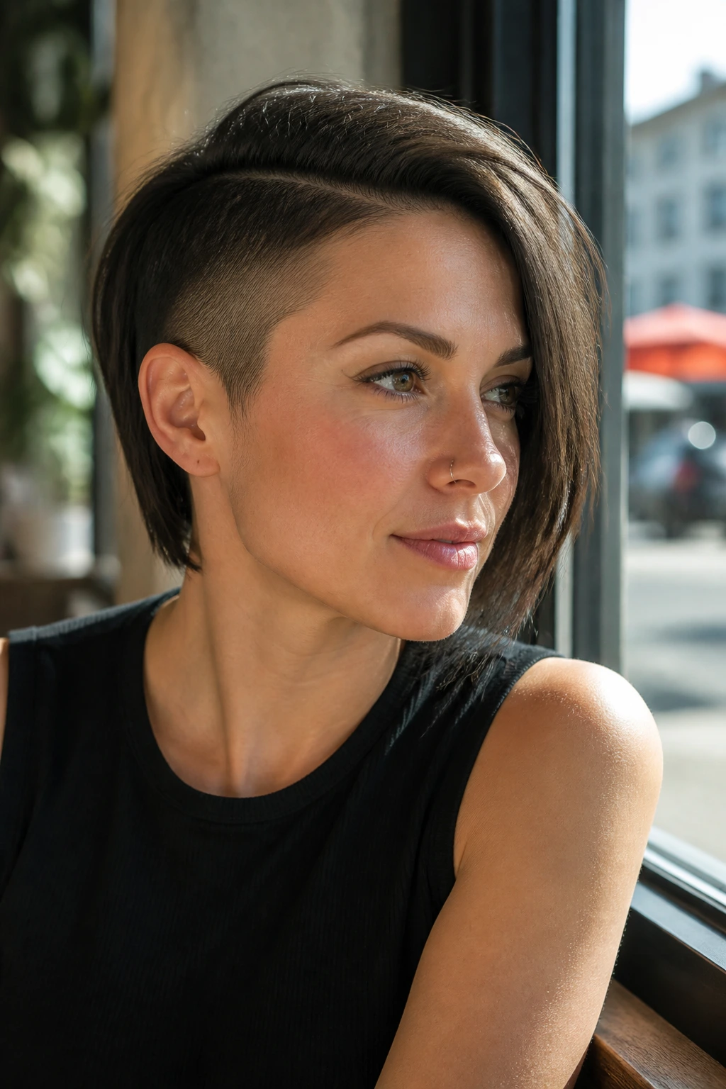 Portrait of a real woman with an asymmetrical undercut bob.