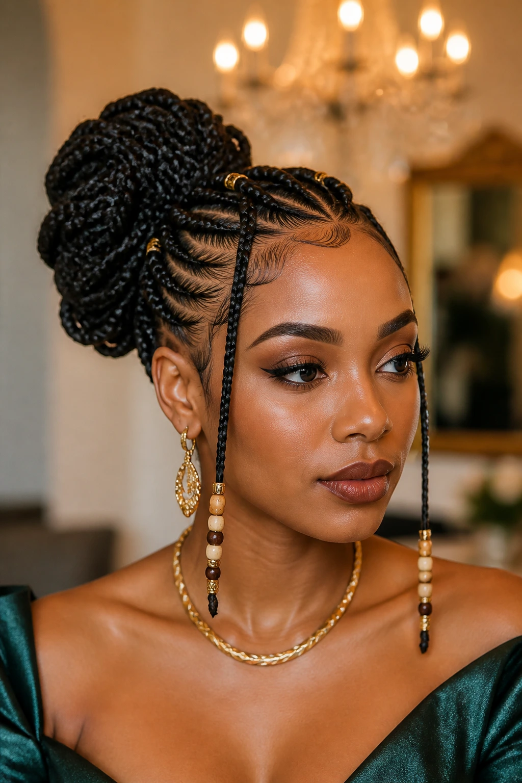 Close-up of a real woman with an asymmetrical up-do braided bun